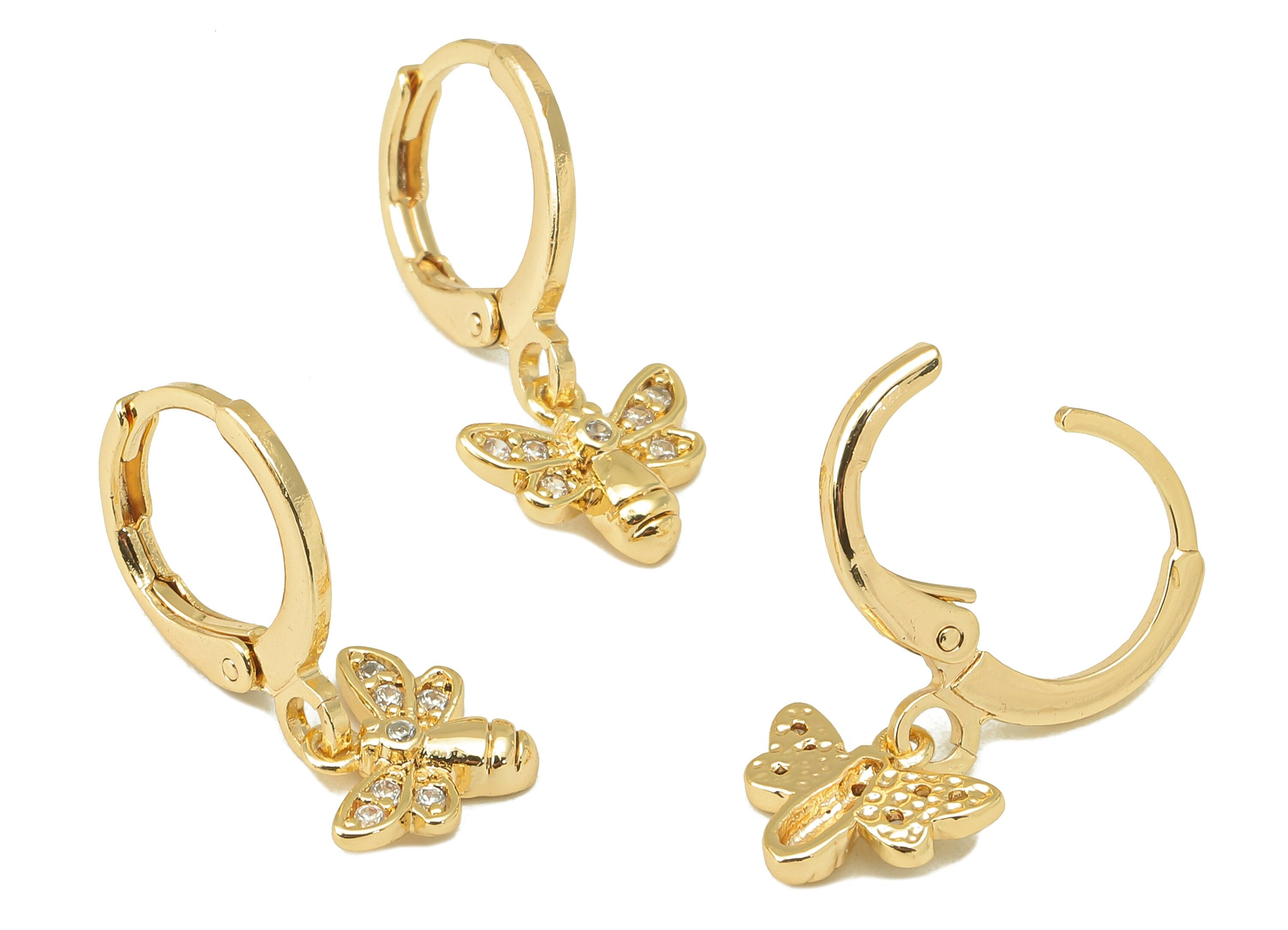 Brass Clasp Bee Earring - Huggie Hoop-Cubic Zirconia Clasp Earring-Huggie Hoop-18K Real Gold Plating-21.8x11.58x 1.84mm-RGP6006 - DOMEDBAZAAR