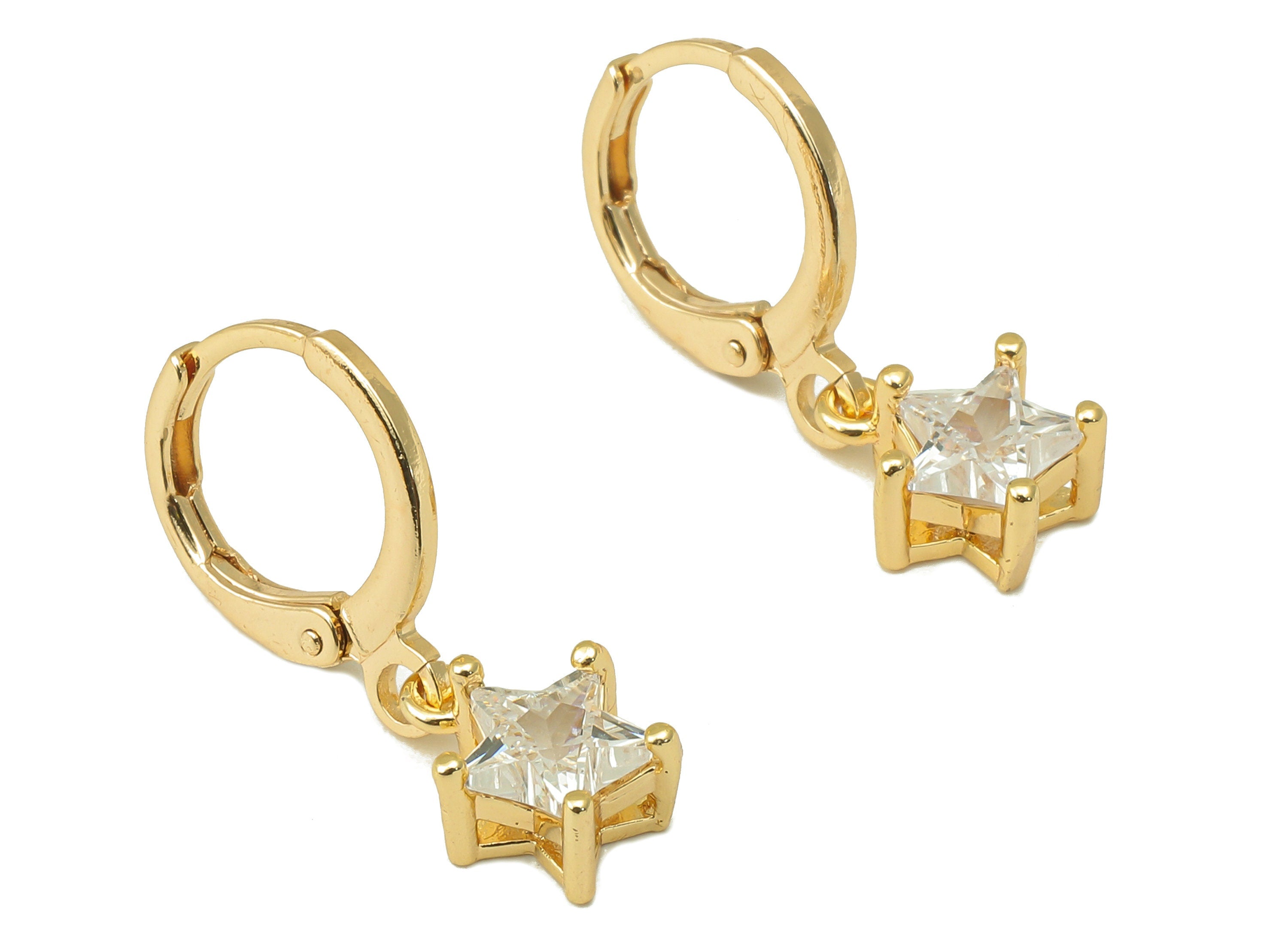 Brass Clasp Star Earring -Brass Huggie Hoop-Cubic Zirconia Clasp Earring - Huggie Hoop-18K Real Gold Plating - 23.05x 11.09x 4.3mm - RGP6008 - DOMEDBAZAAR