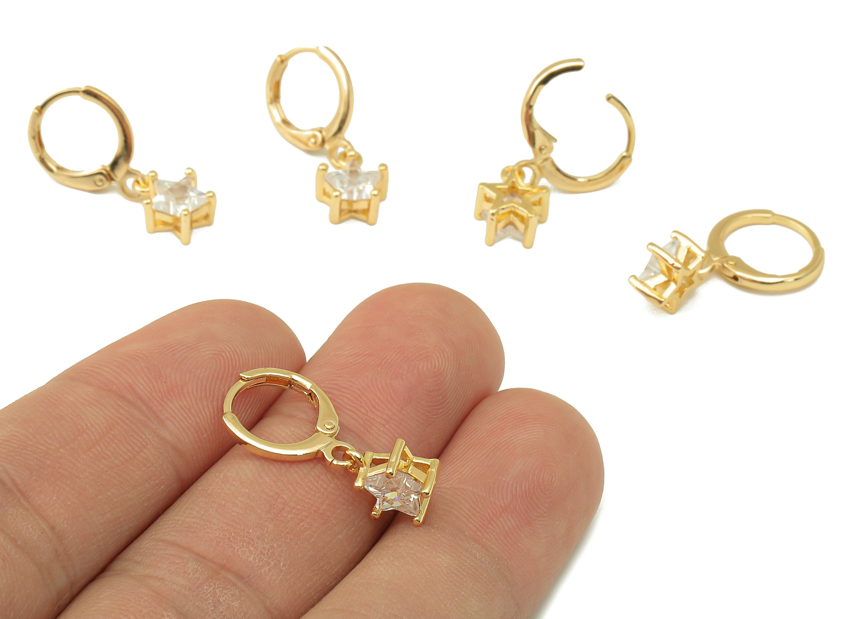 Brass Clasp Star Earring -Brass Huggie Hoop-Cubic Zirconia Clasp Earring - Huggie Hoop-18K Real Gold Plating - 23.05x 11.09x 4.3mm - RGP6008 - DOMEDBAZAAR