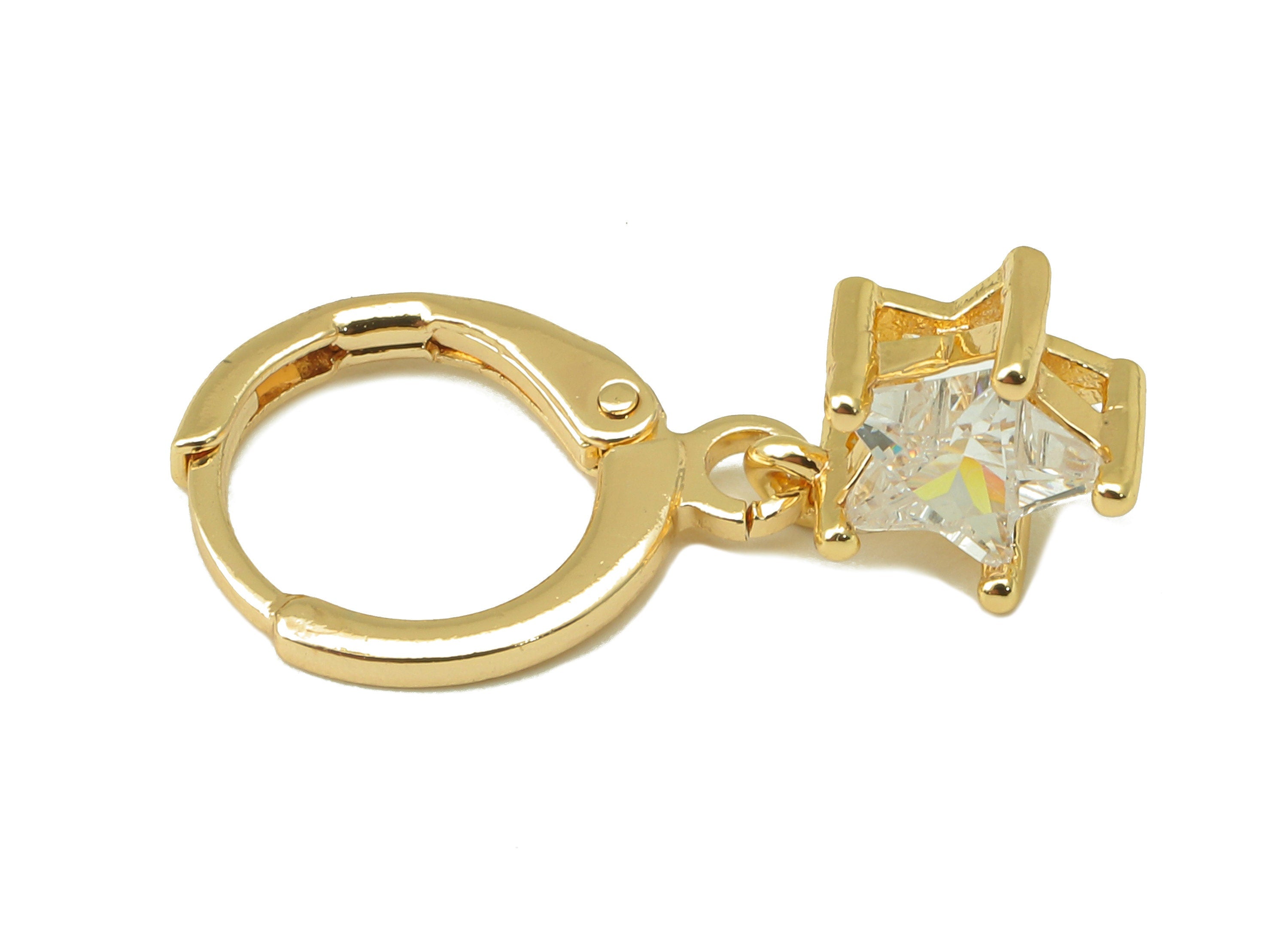Brass Clasp Star Earring -Brass Huggie Hoop-Cubic Zirconia Clasp Earring - Huggie Hoop-18K Real Gold Plating - 23.05x 11.09x 4.3mm - RGP6008 - DOMEDBAZAAR