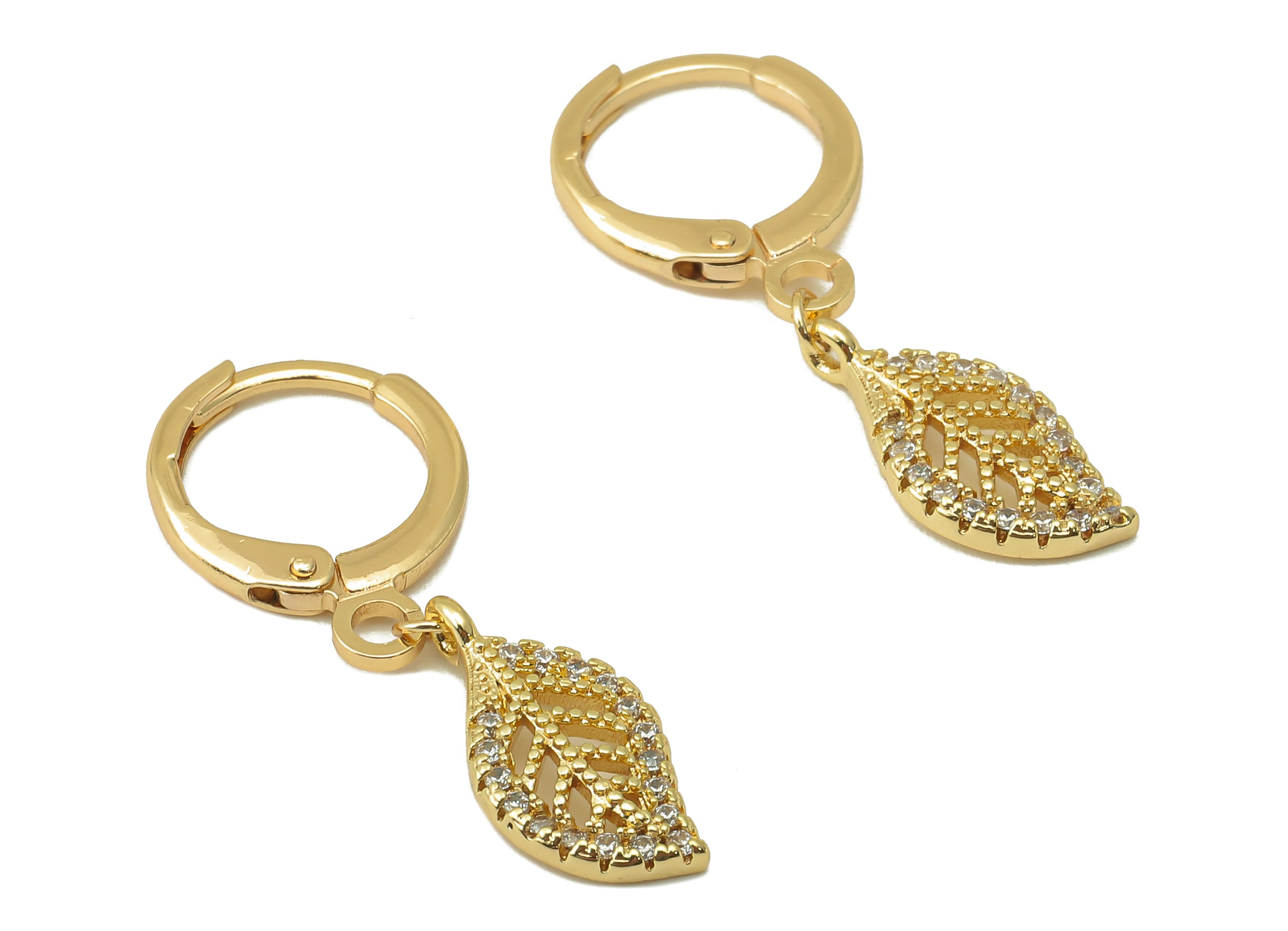 Brass Clasp Leaf Earring -Brass Huggie Hoop-Cubic Zirconia Clasp Earring - Botanical Hoop-18K Real Gold Plating - 29.4x 11.4x2.1mm - RGP6009 - DOMEDBAZAAR