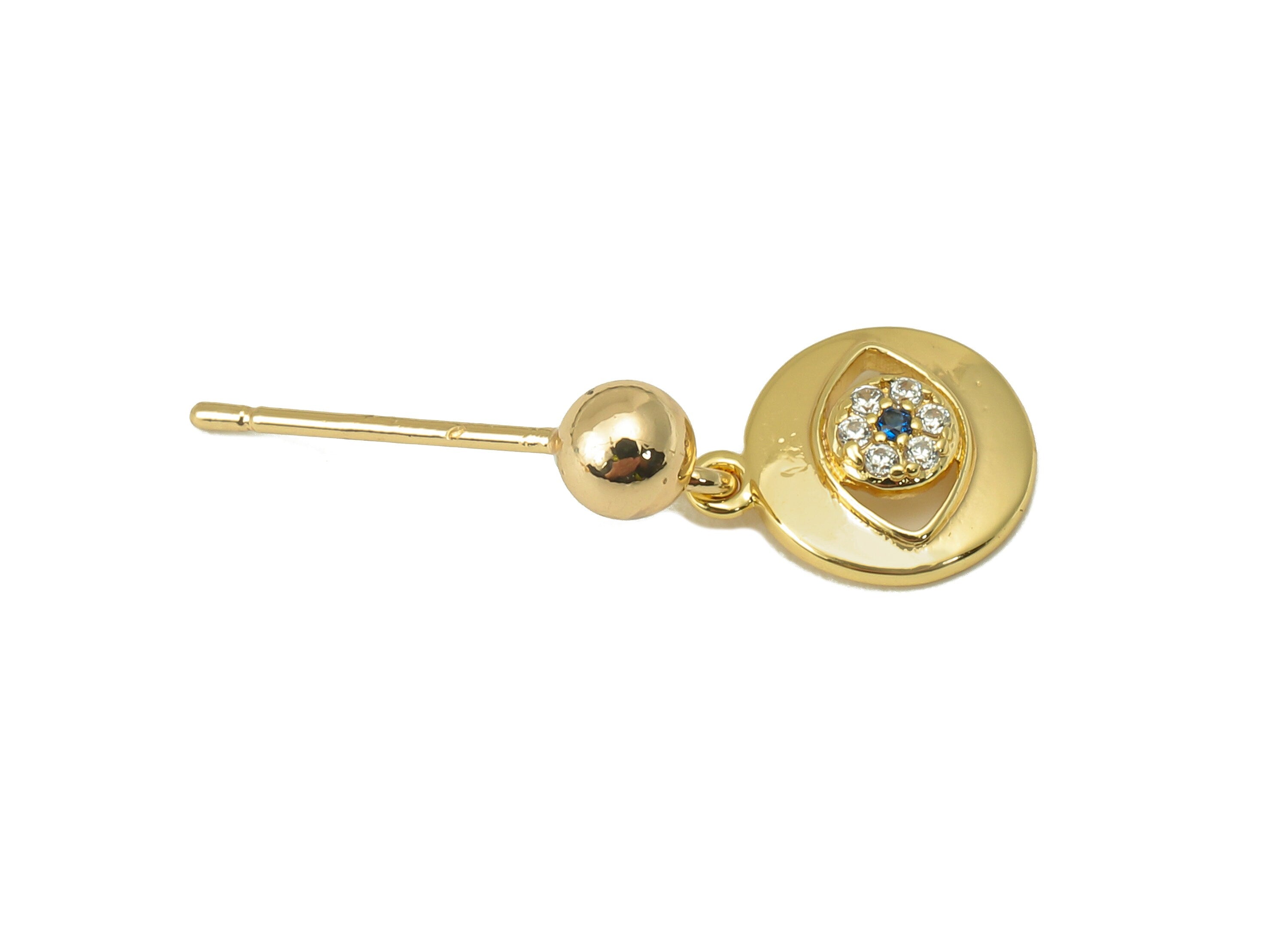 Brass Eye Stud Earring -Brass Round Earring Post- Cubic Zirconia Earring - CZ Earring Post-18K Real Gold Plating - 15.6x 8.4x2.3mm - RGP6010 - DOMEDBAZAAR