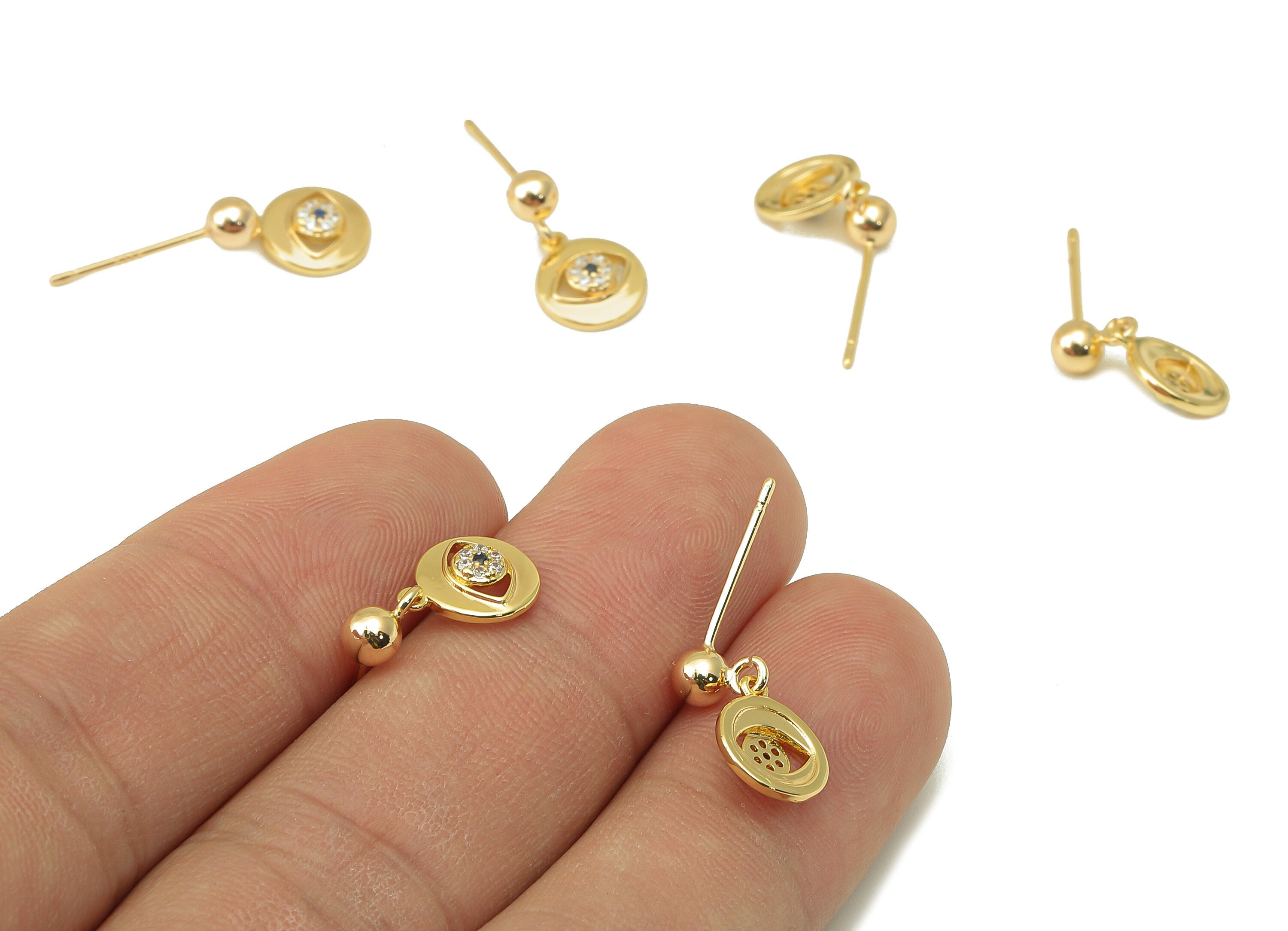 Brass Eye Stud Earring -Brass Round Earring Post- Cubic Zirconia Earring - CZ Earring Post-18K Real Gold Plating - 15.6x 8.4x2.3mm - RGP6010 - DOMEDBAZAAR