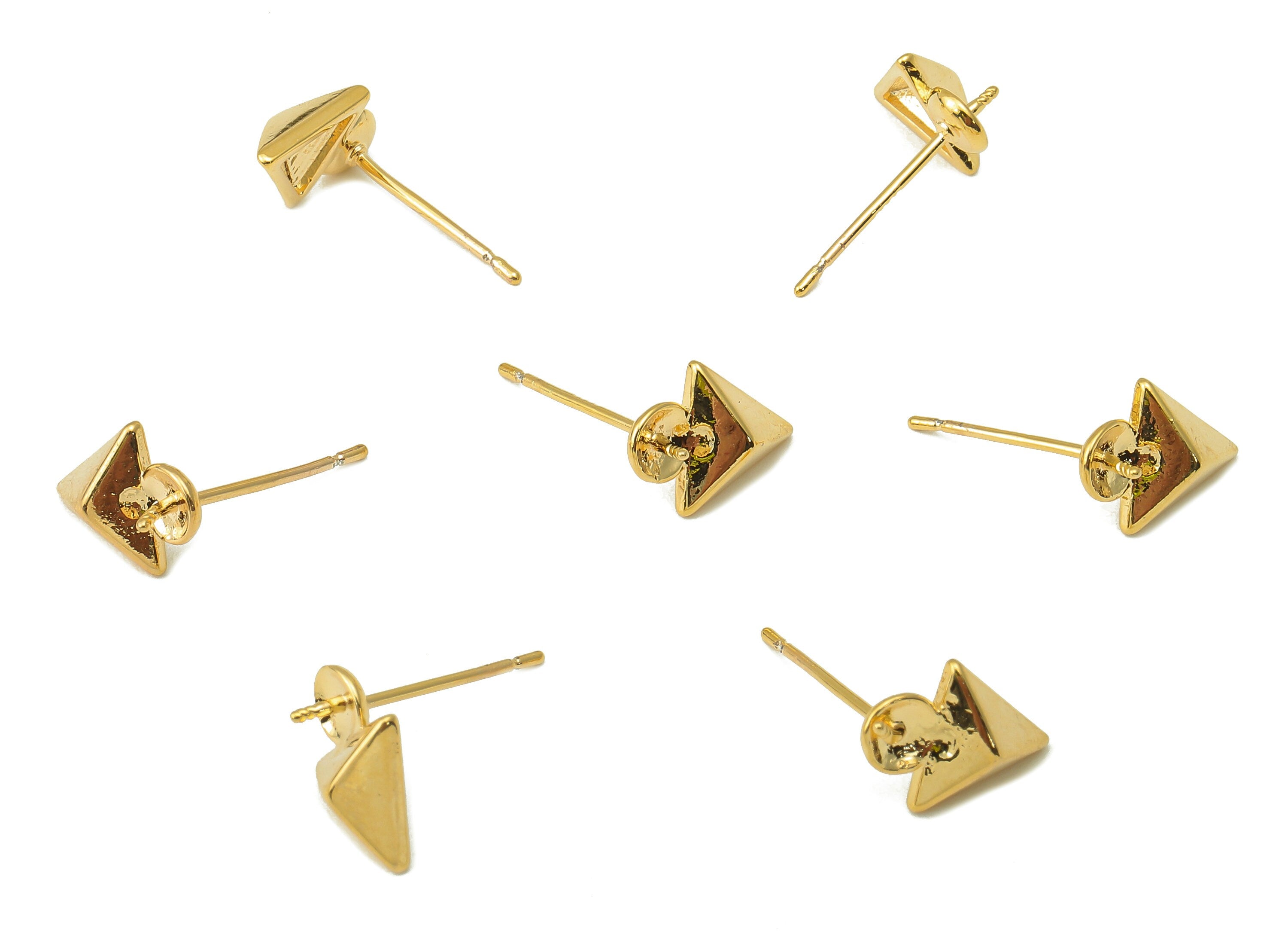Brass Triangle Stud Earring -Brass Geometry Earring Post- Brass Earring Post for Pearl - 18K Real Gold Plating - 11.14x 8.24x1.1mm - RGP6012 - DOMEDBAZAAR