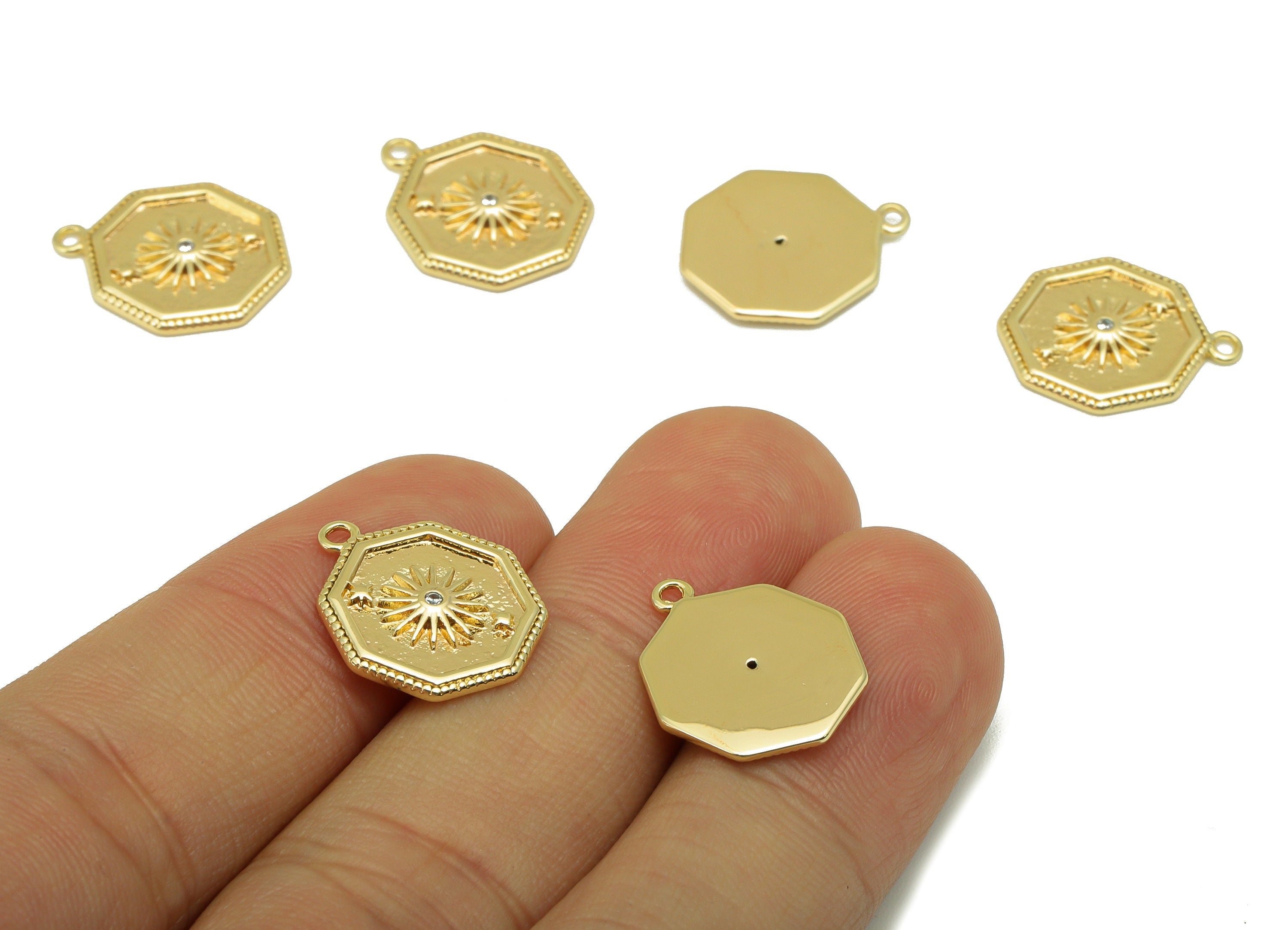 Brass Sun Charm - Brass Octagon Star Charm For Pendant - Cubic Zirconia Charm - For Necklace - 18K Real Gold Plated -17.6x14x1.7mm - RGP6230 - DOMEDBAZAAR