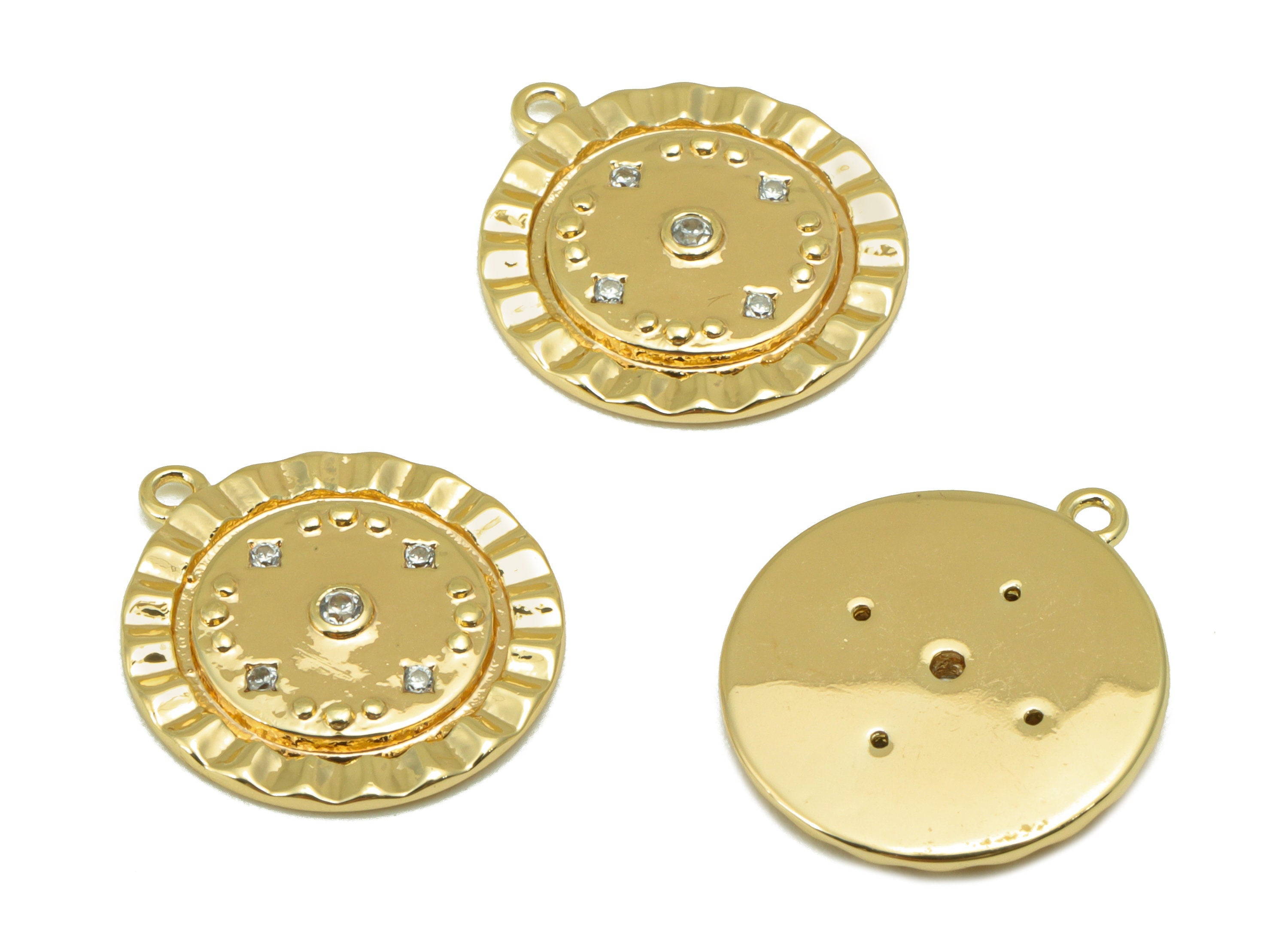 Brass Round Charm - Brass Cubic Zirconia Charm - Lace Dot Earring Charm - For Necklace - 18K Real Gold Plated -16x 14.47x 2.05mm - RGP6258 - DOMEDBAZAAR