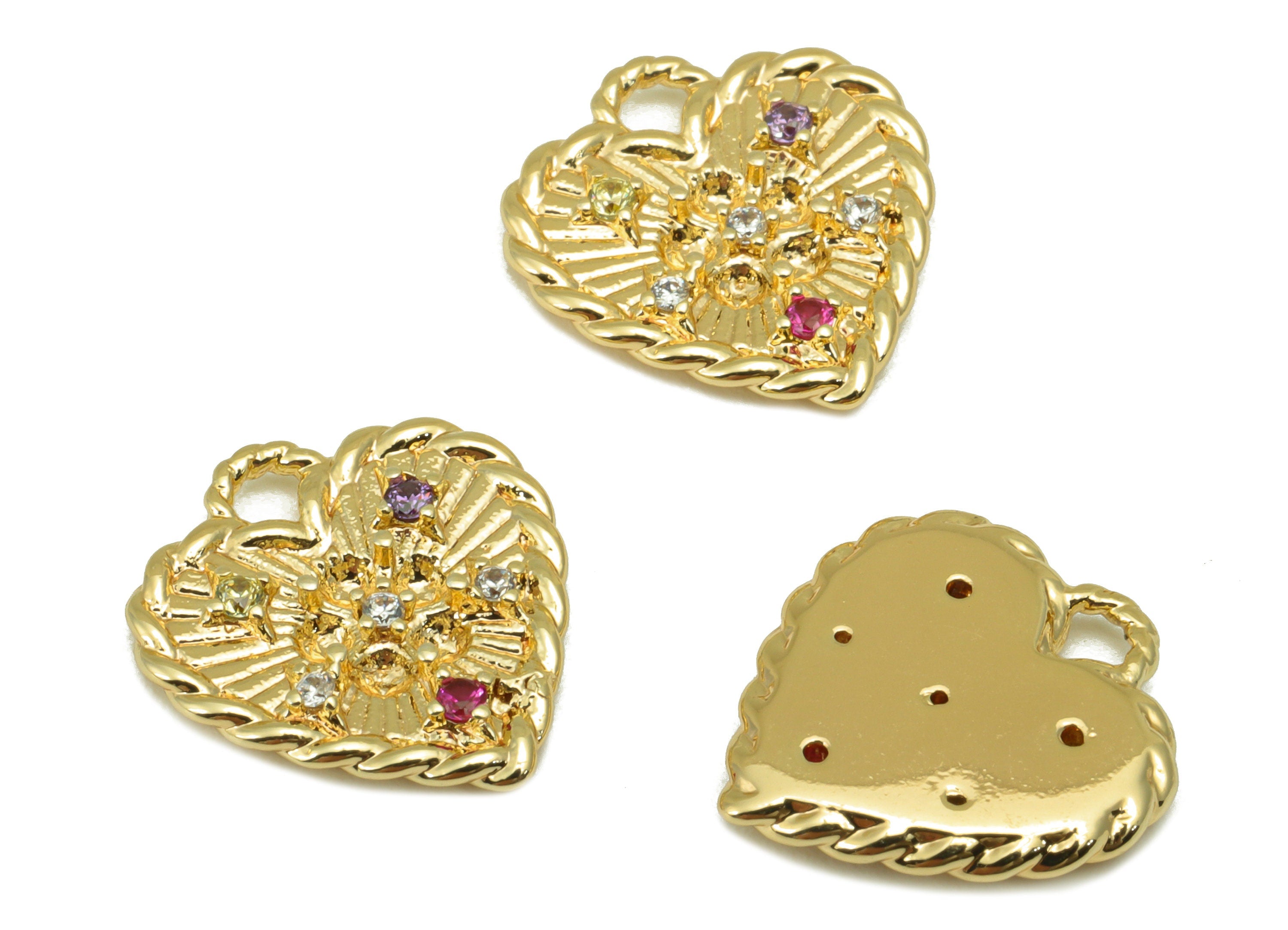 Brass Heart Charm - Brass Cubic Zirconia Charm - Chain Flower Earring Charm - For Necklace - 18K Real Gold Plated - 14.7x13.78x2mm - RGP6316 - DOMEDBAZAAR