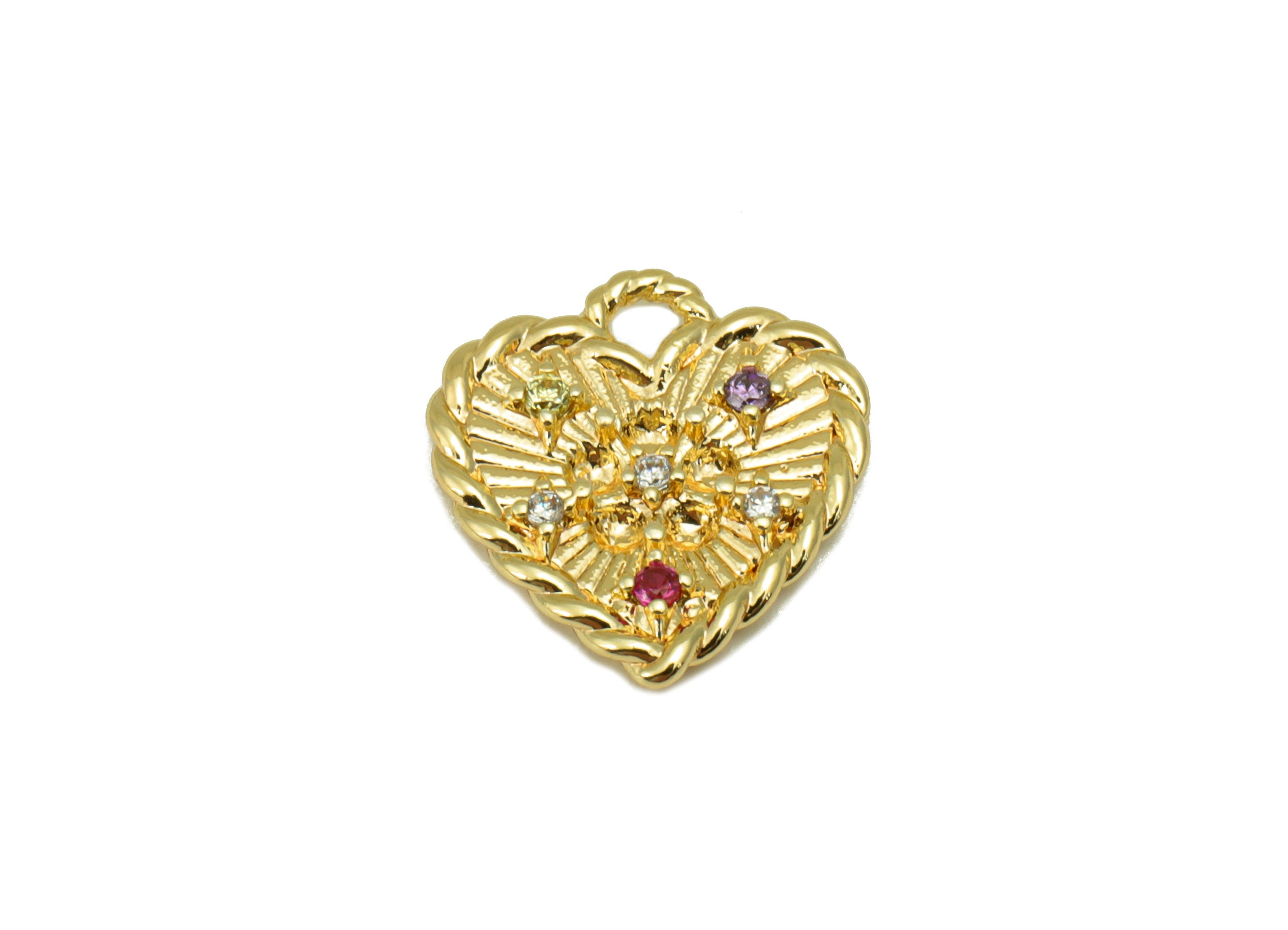 Brass Heart Charm - Brass Cubic Zirconia Charm - Chain Flower Earring Charm - For Necklace - 18K Real Gold Plated - 14.7x13.78x2mm - RGP6316 - DOMEDBAZAAR