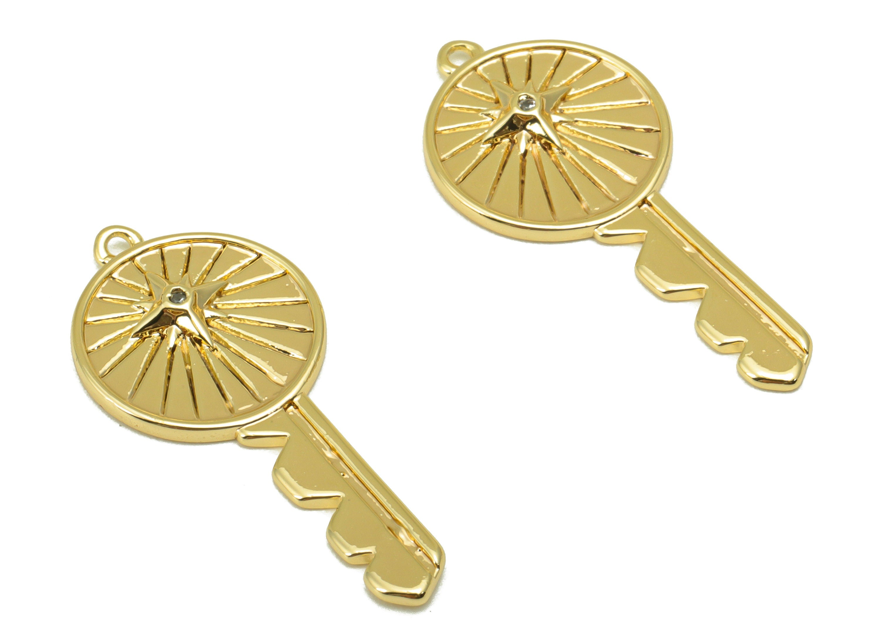 Brass Key Charm - Brass Cubic Zirconia Charm - North Star Earring Charm - For Necklace - 18K Real Gold Plated - 30x 13x 2.21mm - RGP6345 - DOMEDBAZAAR