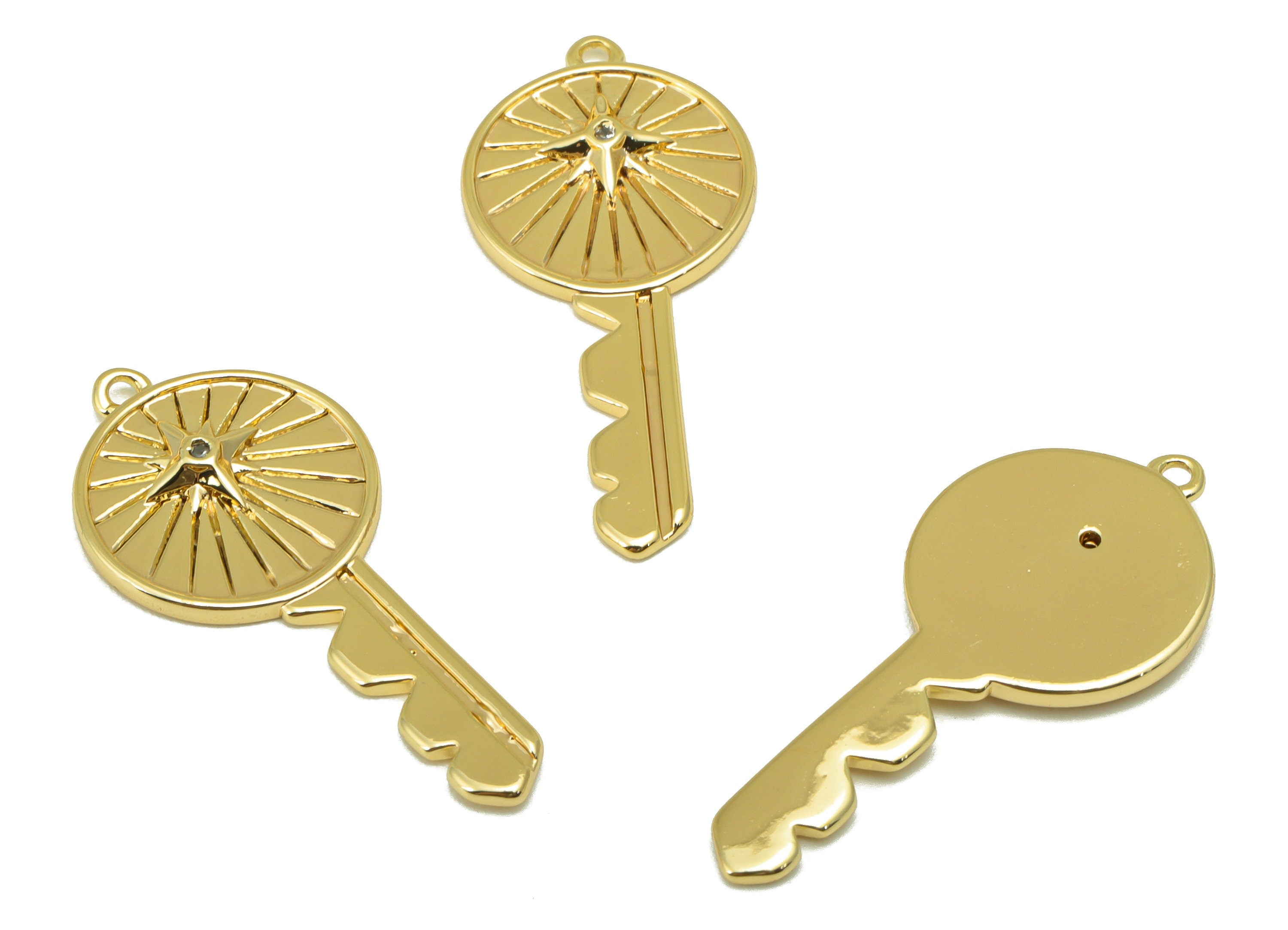 Brass Key Charm - Brass Cubic Zirconia Charm - North Star Earring Charm - For Necklace - 18K Real Gold Plated - 30x 13x 2.21mm - RGP6345 - DOMEDBAZAAR