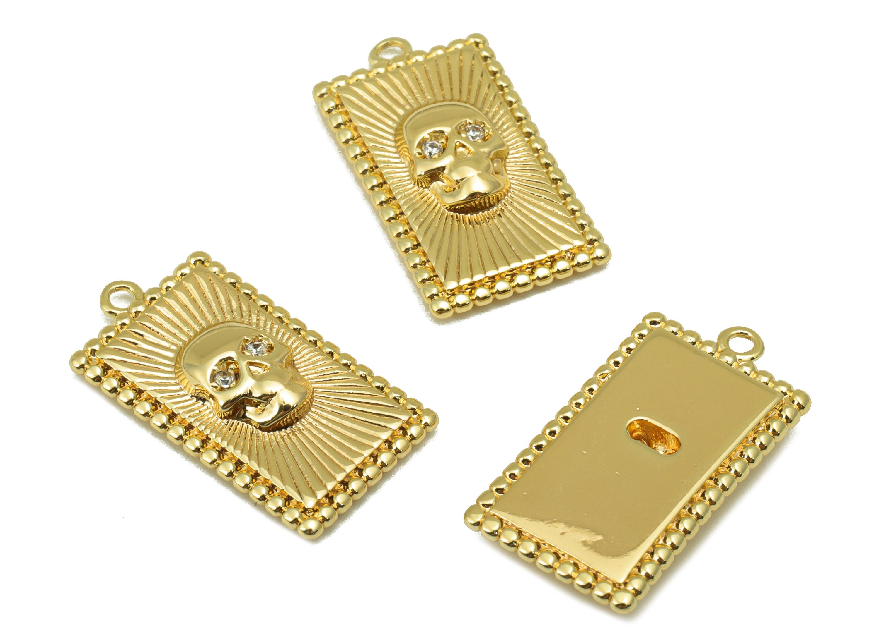 Brass Rectangle Charm - Brass Skull Charm - Rectangle Skull Charm For Pendant -Cubic Zirconia - 18K Real Gold Plated - 21x11.5x3mm - RGP6364 - DOMEDBAZAAR