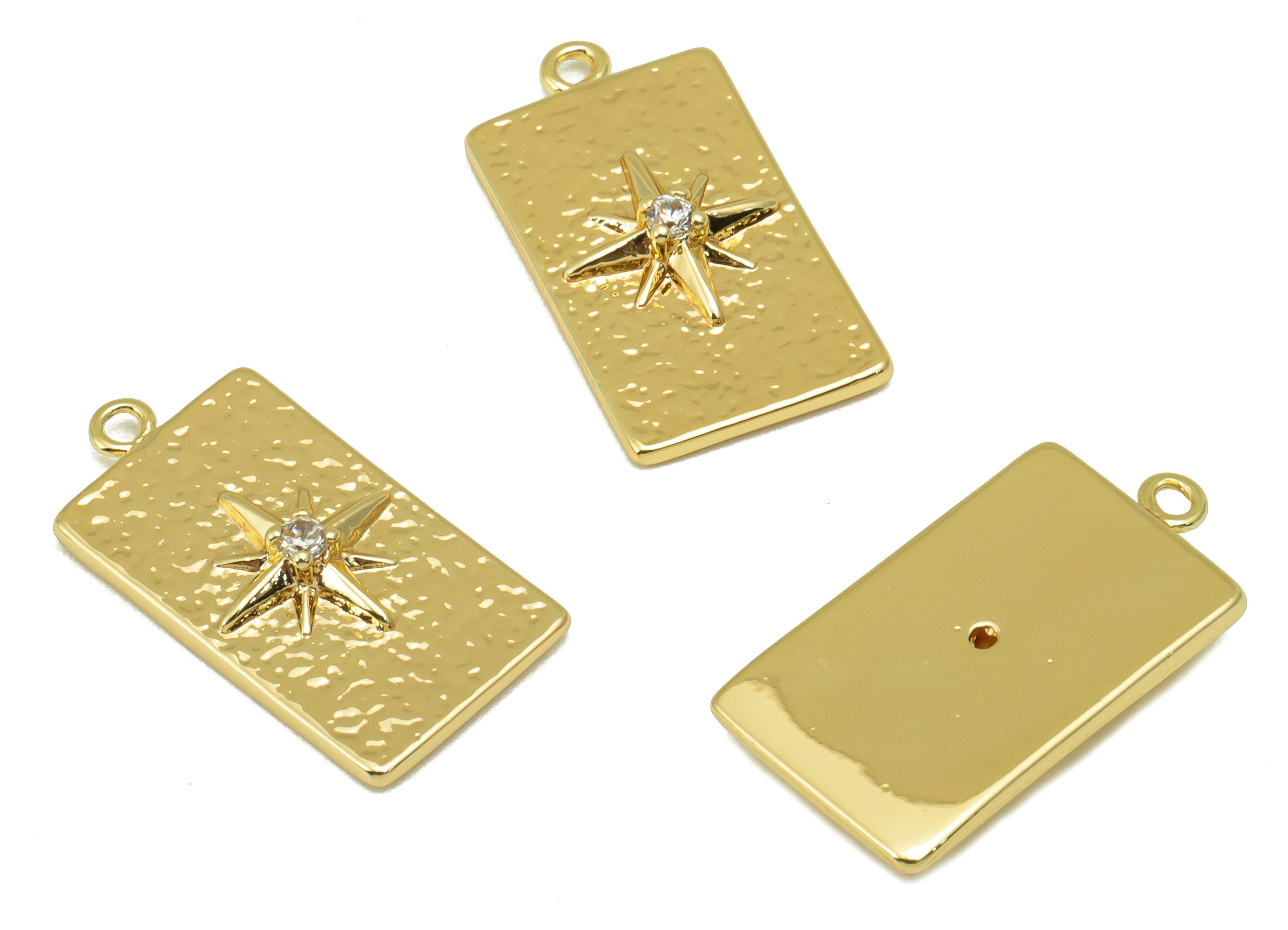 Brass Rectangle Charm - Brass Hammered Star Charm - North Star Charm For Pendant -Cubic Zirconia - 18K Real Gold Plated - 21x11x4mm- RGP6394 - DOMEDBAZAAR