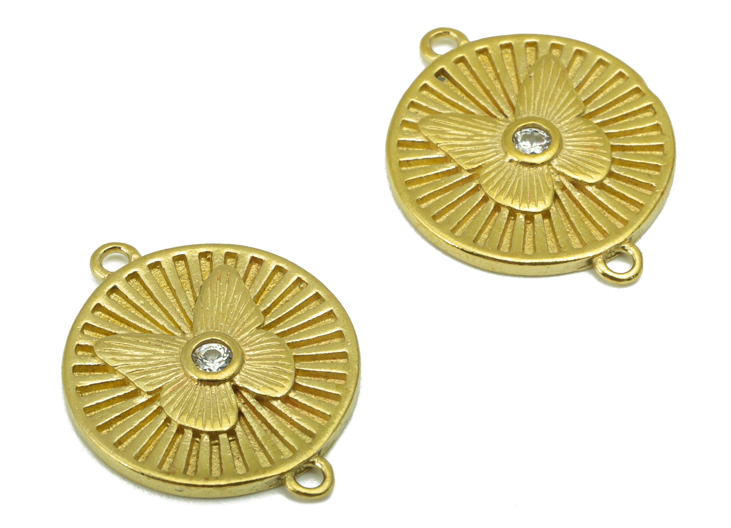 Brass Round Butterfly Connector - Textured Butterfly CZ Brass - Cubic Zircon Connector - Jewelry Supplies -19 x 15 x 2.01mm-PP8497 - DOMEDBAZAAR