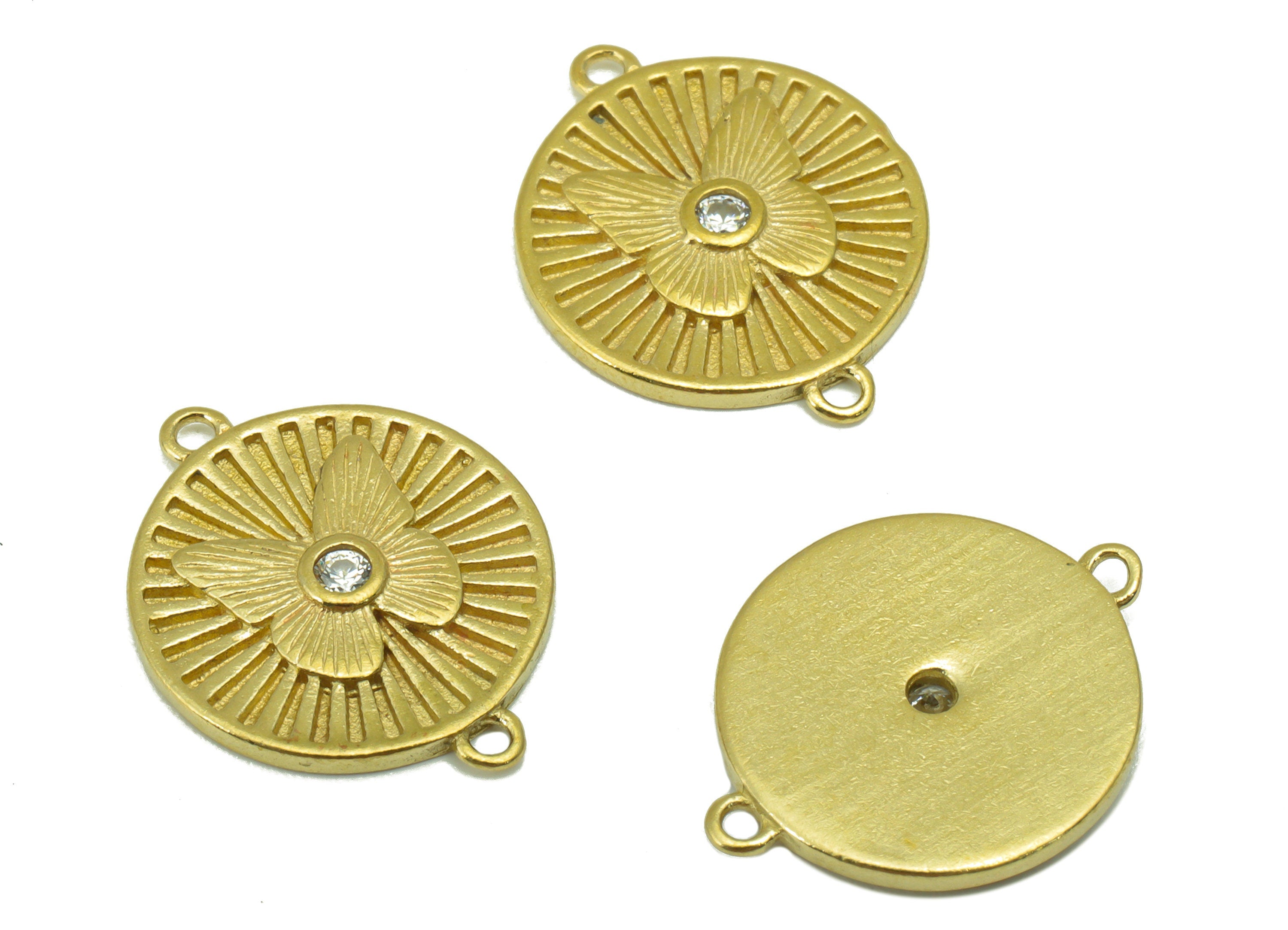Brass Round Butterfly Connector - Textured Butterfly CZ Brass - Cubic Zircon Connector - Jewelry Supplies -19 x 15 x 2.01mm-PP8497 - DOMEDBAZAAR