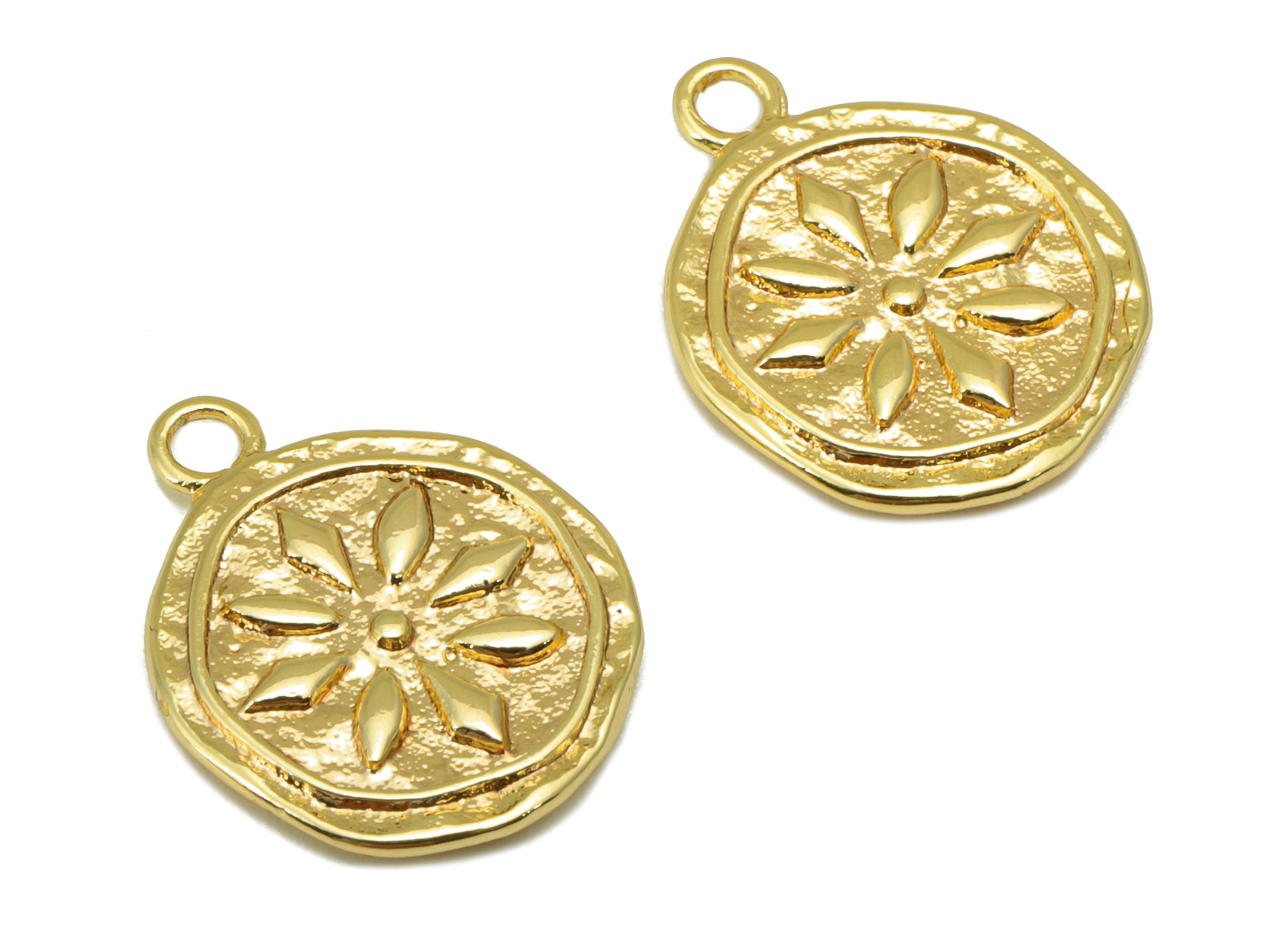 Brass Flower Charm - Brass Botanical Charm - Hammered Flower Charm For Pendant - For Necklace -18K Real Gold Plated -17x13.76x1.7mm- RGP6453 - DOMEDBAZAAR