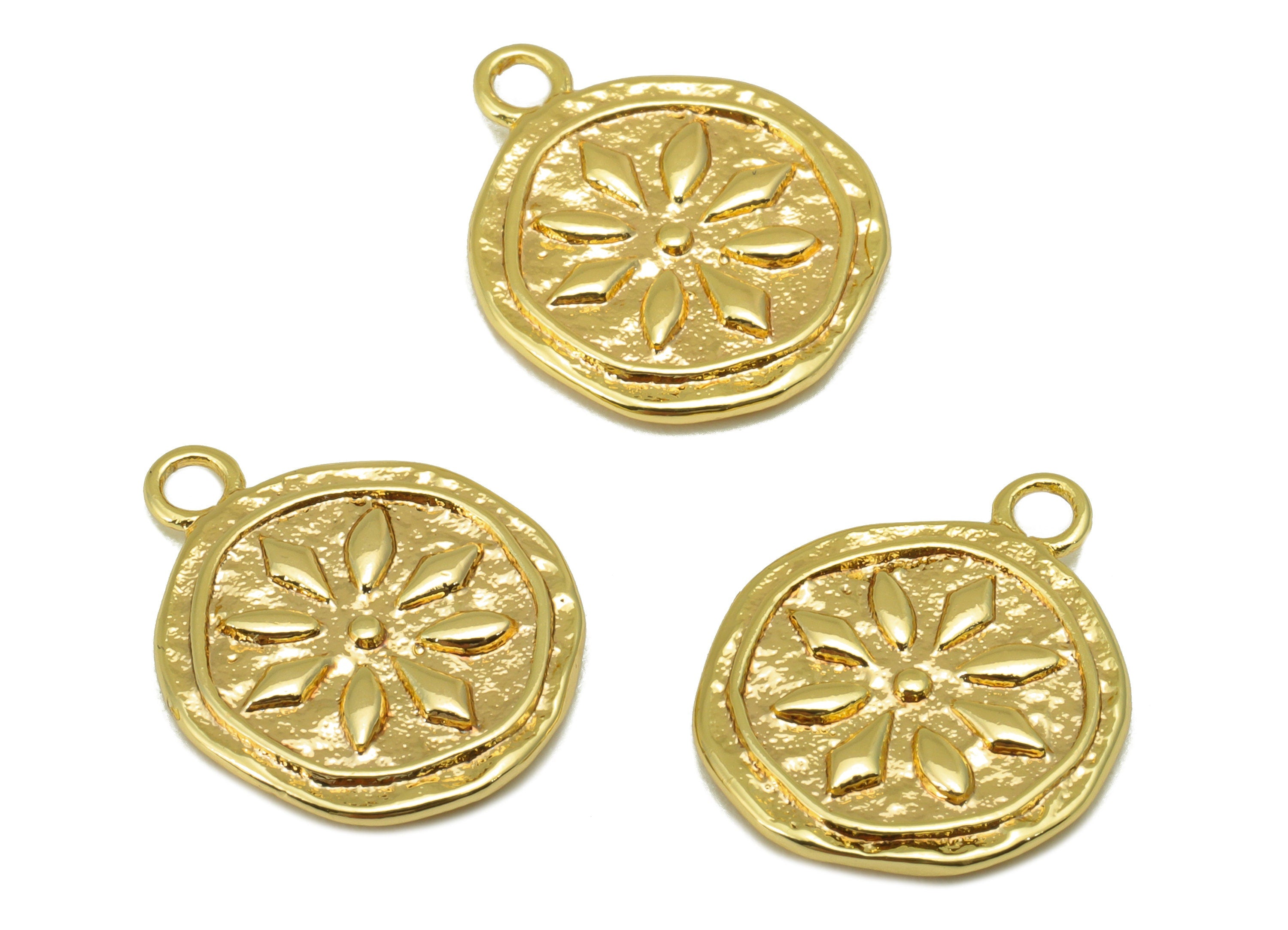 Brass Flower Charm - Brass Botanical Charm - Hammered Flower Charm For Pendant - For Necklace -18K Real Gold Plated -17x13.76x1.7mm- RGP6453 - DOMEDBAZAAR