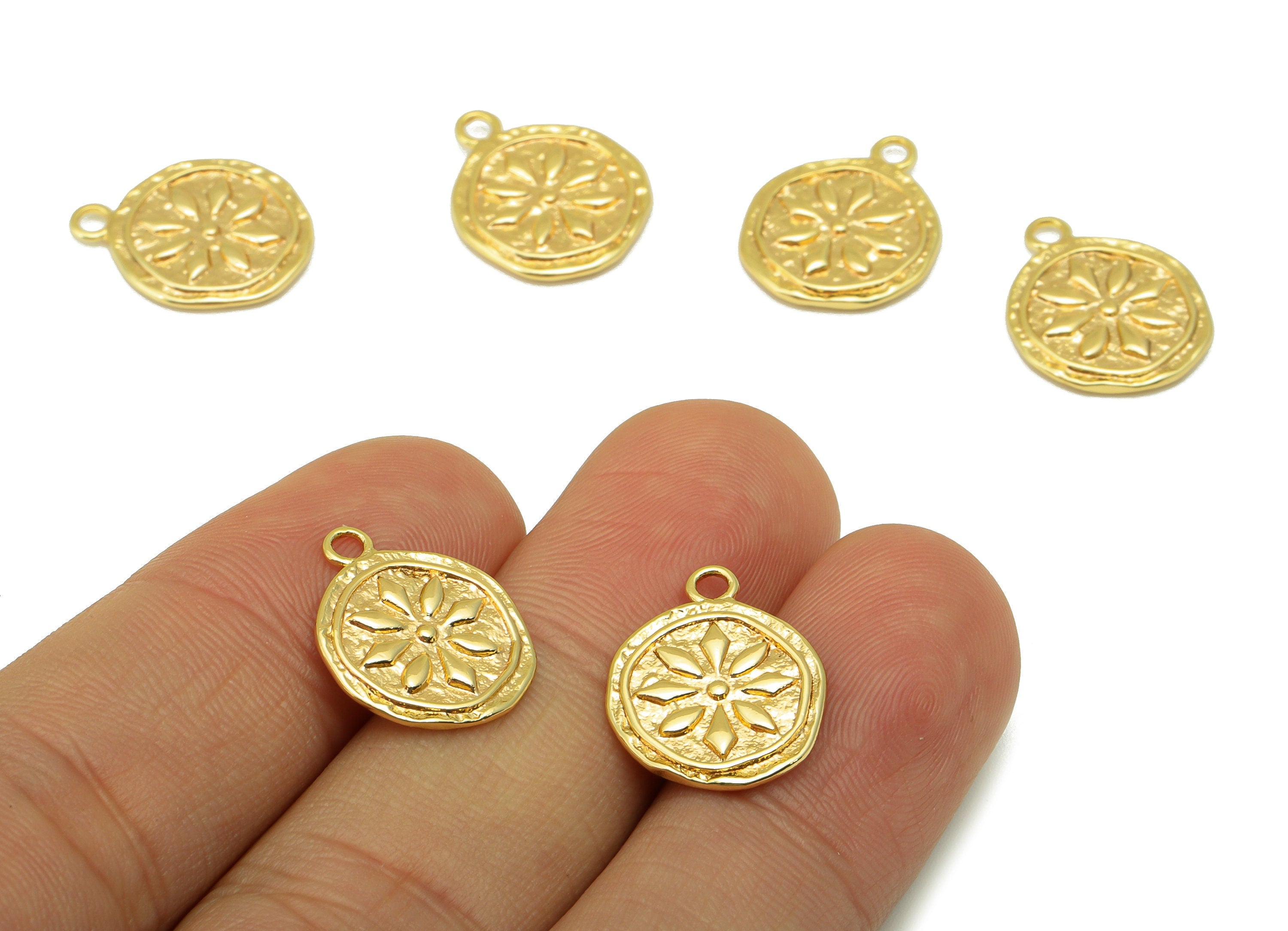 Brass Flower Charm - Brass Botanical Charm - Hammered Flower Charm For Pendant - For Necklace -18K Real Gold Plated -17x13.76x1.7mm- RGP6453 - DOMEDBAZAAR