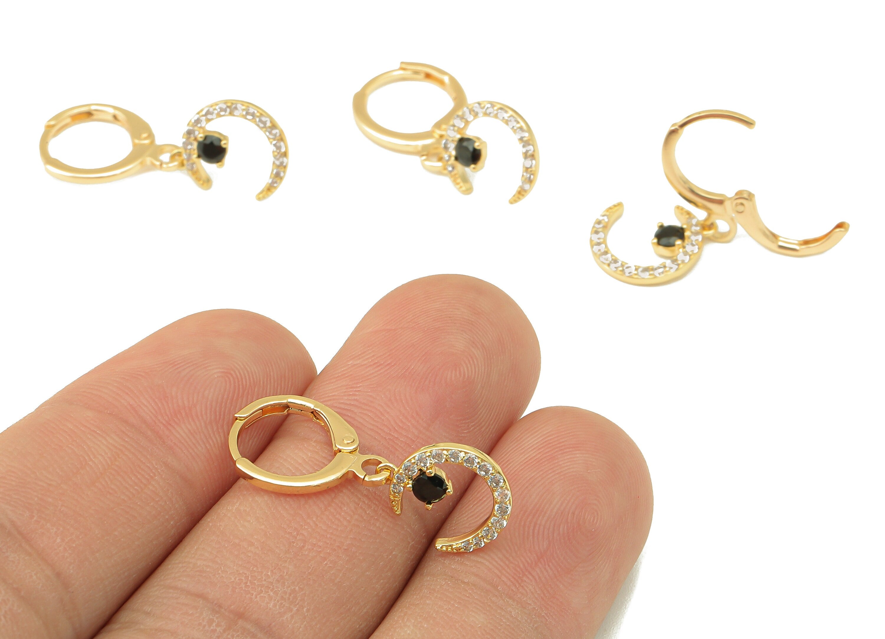 Brass Clasp Crescent Earring - Brass Moon Huggie Hoop - Cubic Black Zirconia Clasp Earring - 18K Real Gold Plating-25.4x11.4x1.9mm - RGP6018 - DOMEDBAZAAR