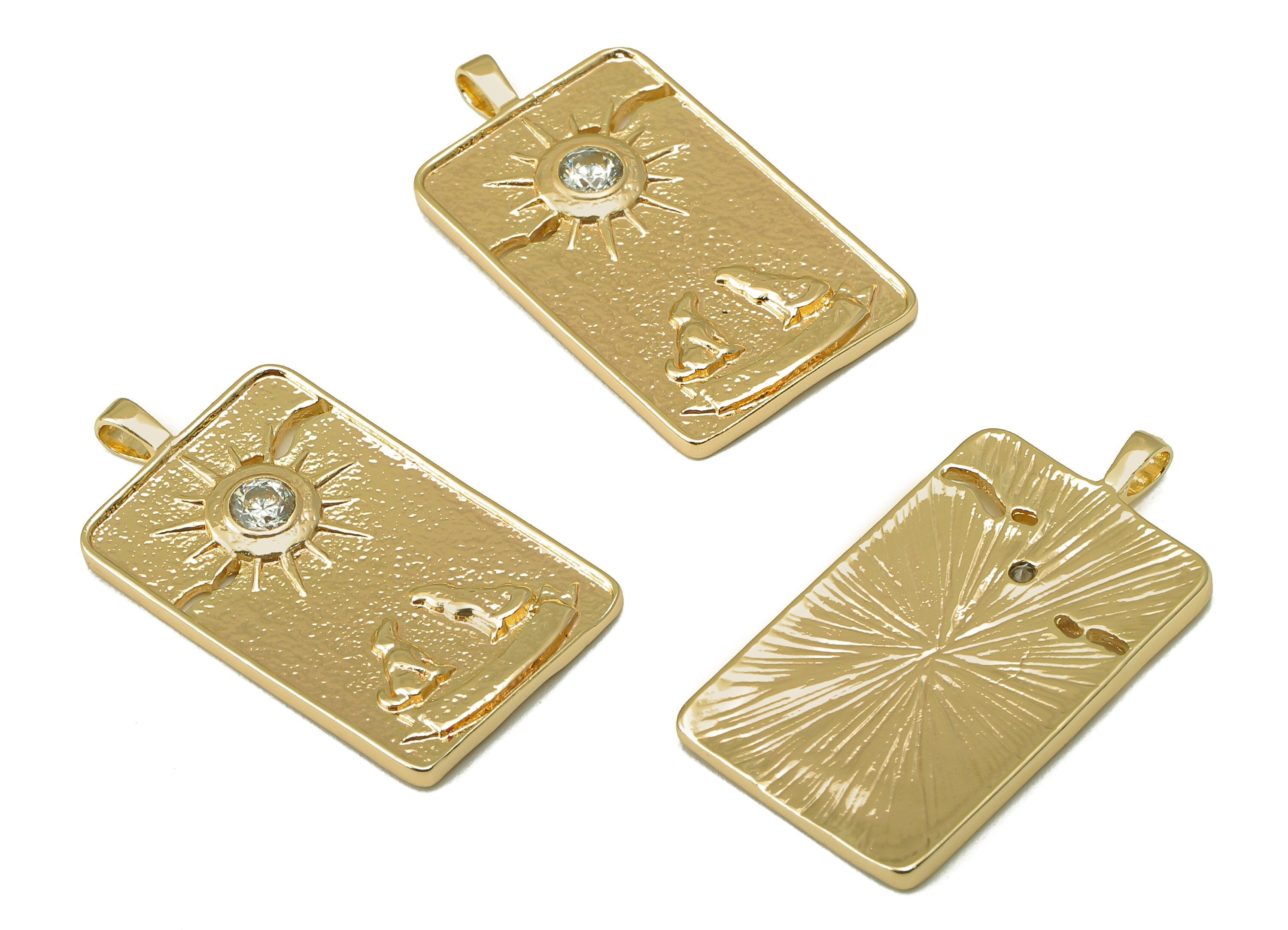 Brass Rectangle Sun Pendant-Zircon Sun Earring-Rectangle Carved Animal Pendant-Rectangle Necklace-Jewelry Making-30.56x16.48x2.4mm-RGP6165 - DOMEDBAZAAR