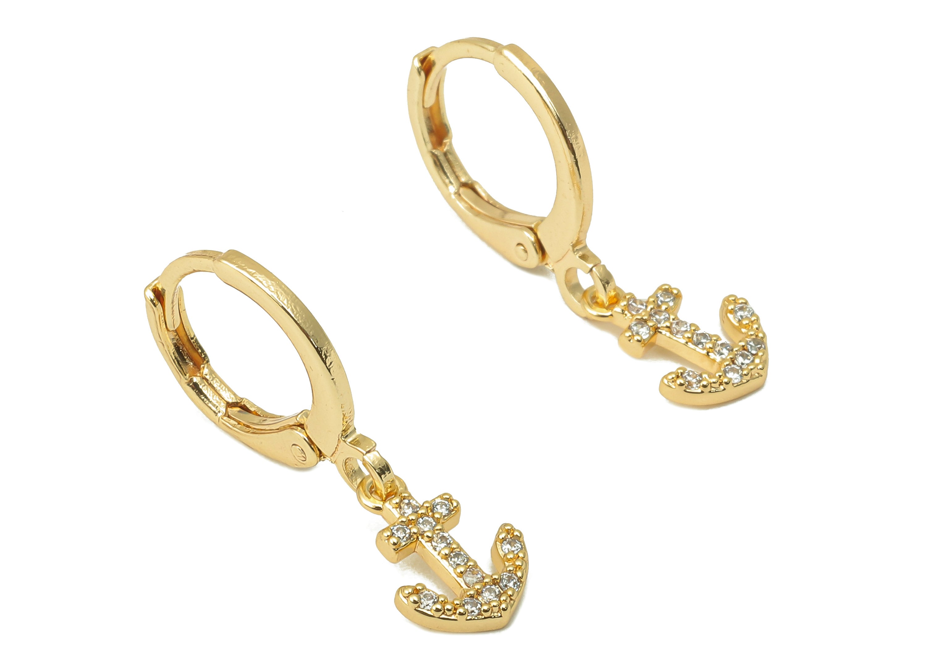 Brass Clasp Anchor Earring - Brass CZ Huggie Hoop - Sagittarius Cubic Zirconia Hoop Earring - 18K Real Gold Plating-23x11.2x1.5mm - RGP6023 - DOMEDBAZAAR