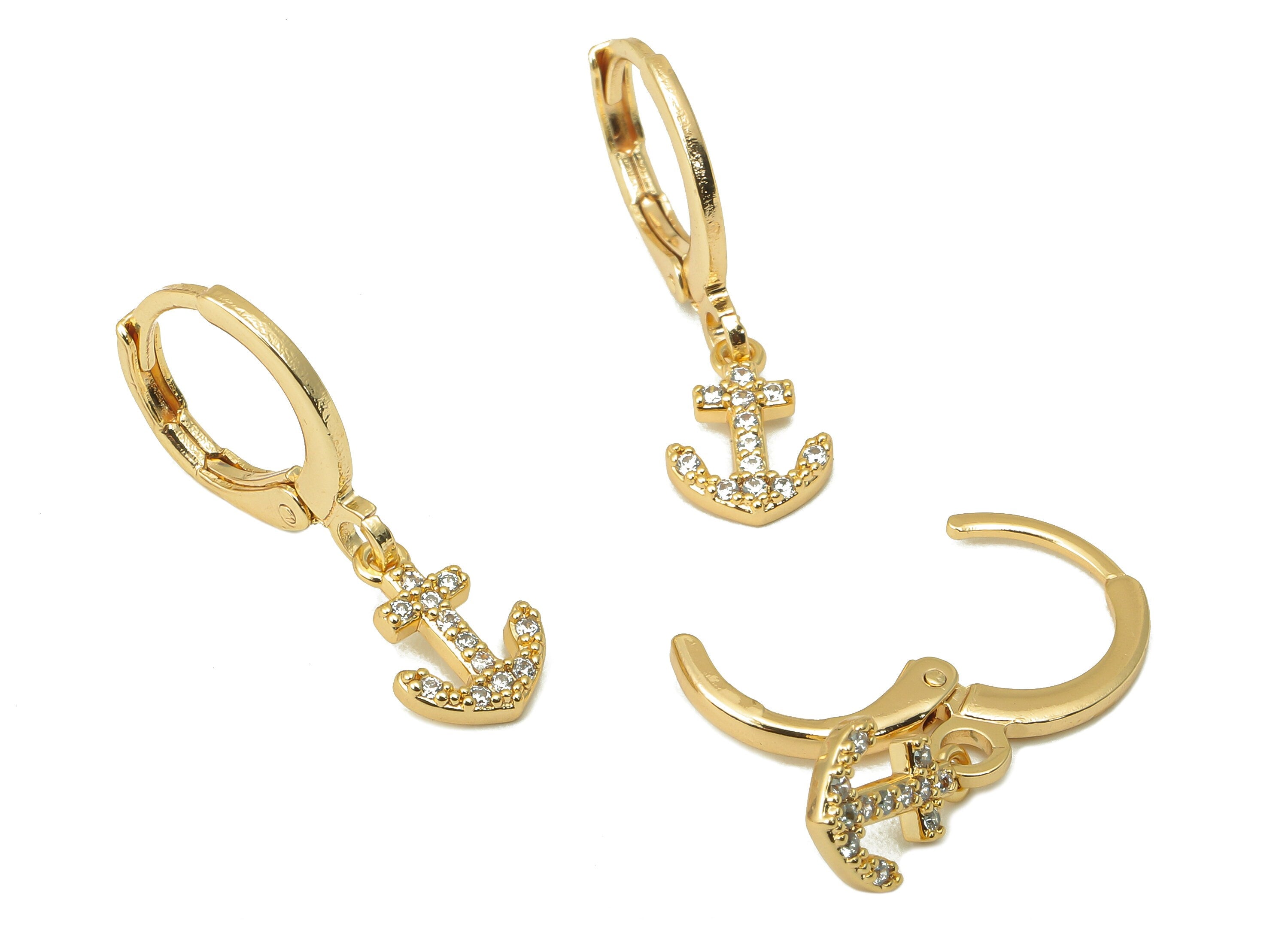 Brass Clasp Anchor Earring - Brass CZ Huggie Hoop - Sagittarius Cubic Zirconia Hoop Earring - 18K Real Gold Plating-23x11.2x1.5mm - RGP6023 - DOMEDBAZAAR
