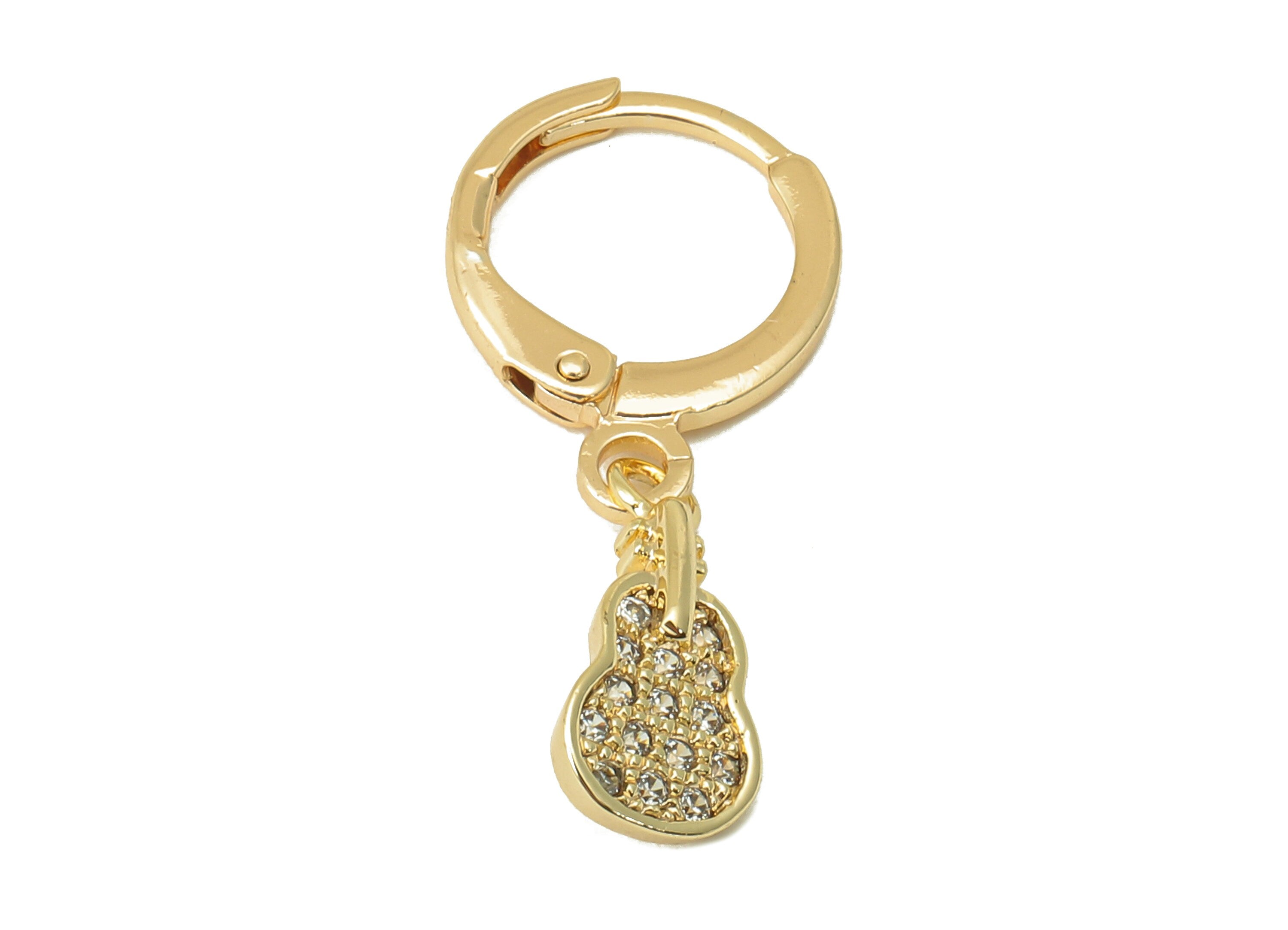 Brass Clasp Guitar Earring - Brass Semi Guitar CZ Huggie Hoop - Cubic Zirconia Hoop Earring - 18K Real Gold Plating-26.3x11x1.63mm- RGP6027 - DOMEDBAZAAR
