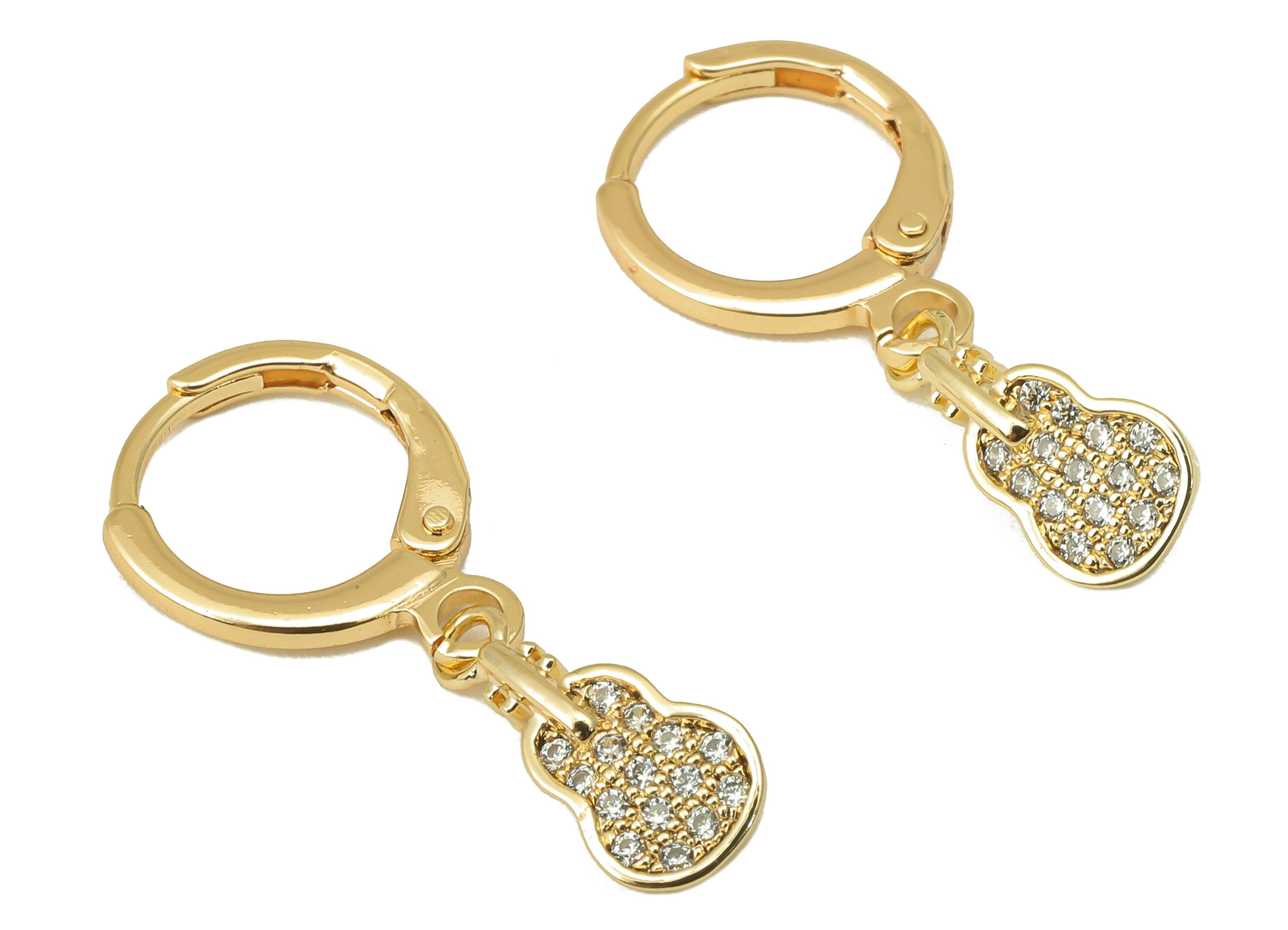 Brass Clasp Guitar Earring - Brass Semi Guitar CZ Huggie Hoop - Cubic Zirconia Hoop Earring - 18K Real Gold Plating-26.3x11x1.63mm- RGP6027 - DOMEDBAZAAR