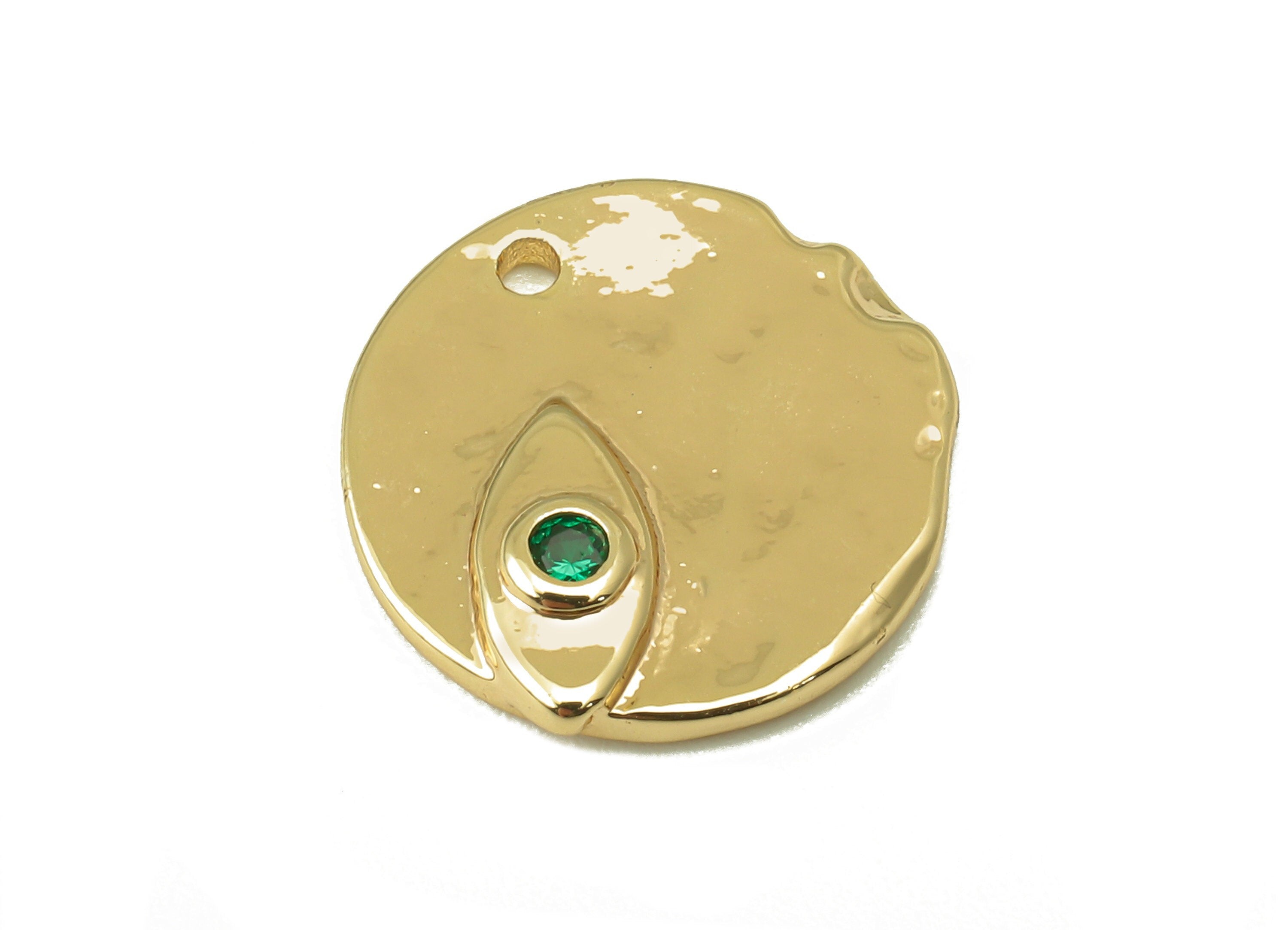 Brass Round Earrings - Brass Zircon Eye Pendant - Circle Necklace Pendant-Green Zircon-Jewelry Making Supplies-14.06x 14.06x 2.65mm-RGP6168 - DOMEDBAZAAR