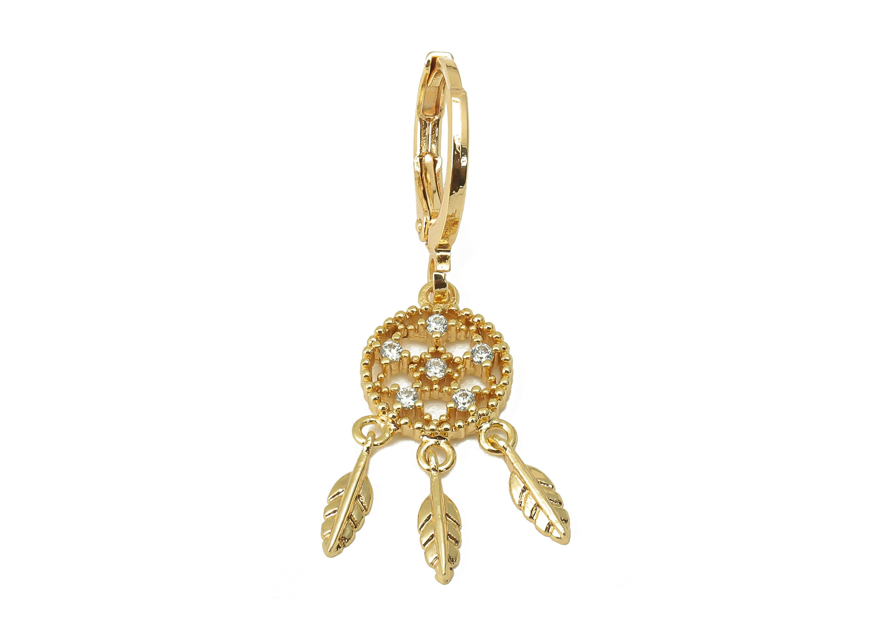 Brass Flower Earring Clasp -Brass Hanging Feather with Cubic Zirconia Hoop - CZ Huggie Earring - 18K Real Gold Plating-33x11x1.78mm- RGP6028 - DOMEDBAZAAR