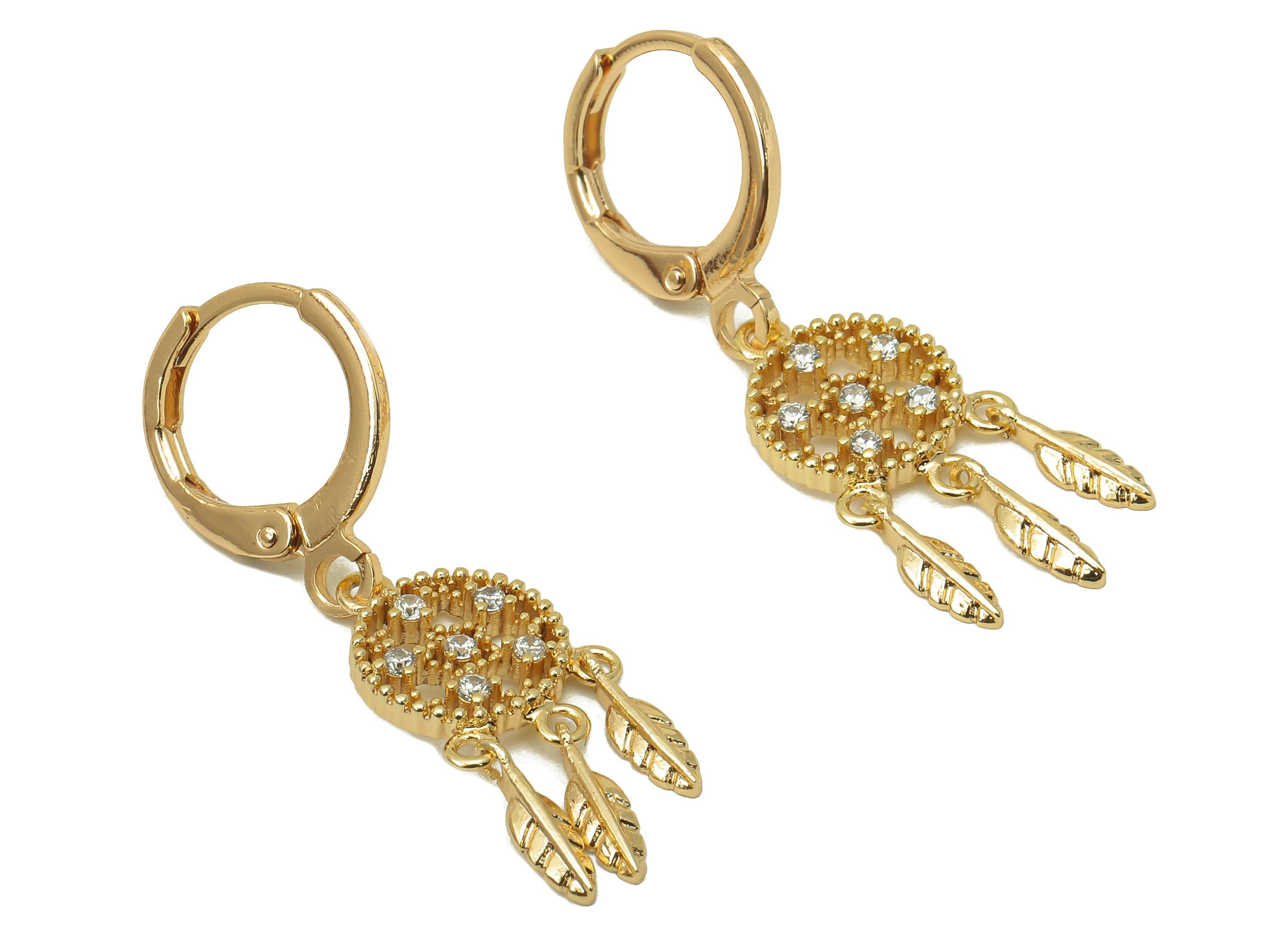 Brass Flower Earring Clasp -Brass Hanging Feather with Cubic Zirconia Hoop - CZ Huggie Earring - 18K Real Gold Plating-33x11x1.78mm- RGP6028 - DOMEDBAZAAR