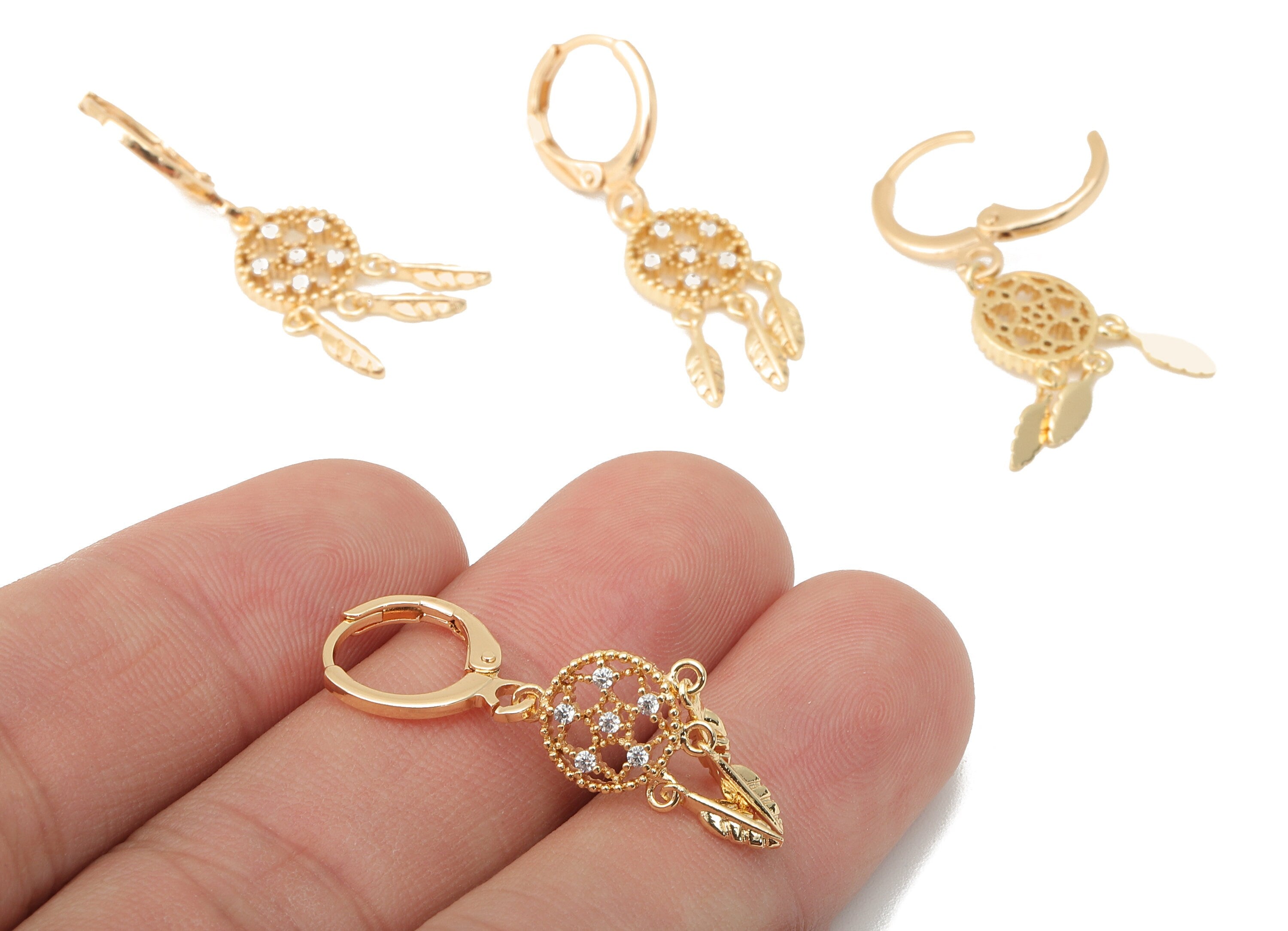 Brass Flower Earring Clasp -Brass Hanging Feather with Cubic Zirconia Hoop - CZ Huggie Earring - 18K Real Gold Plating-33x11x1.78mm- RGP6028 - DOMEDBAZAAR