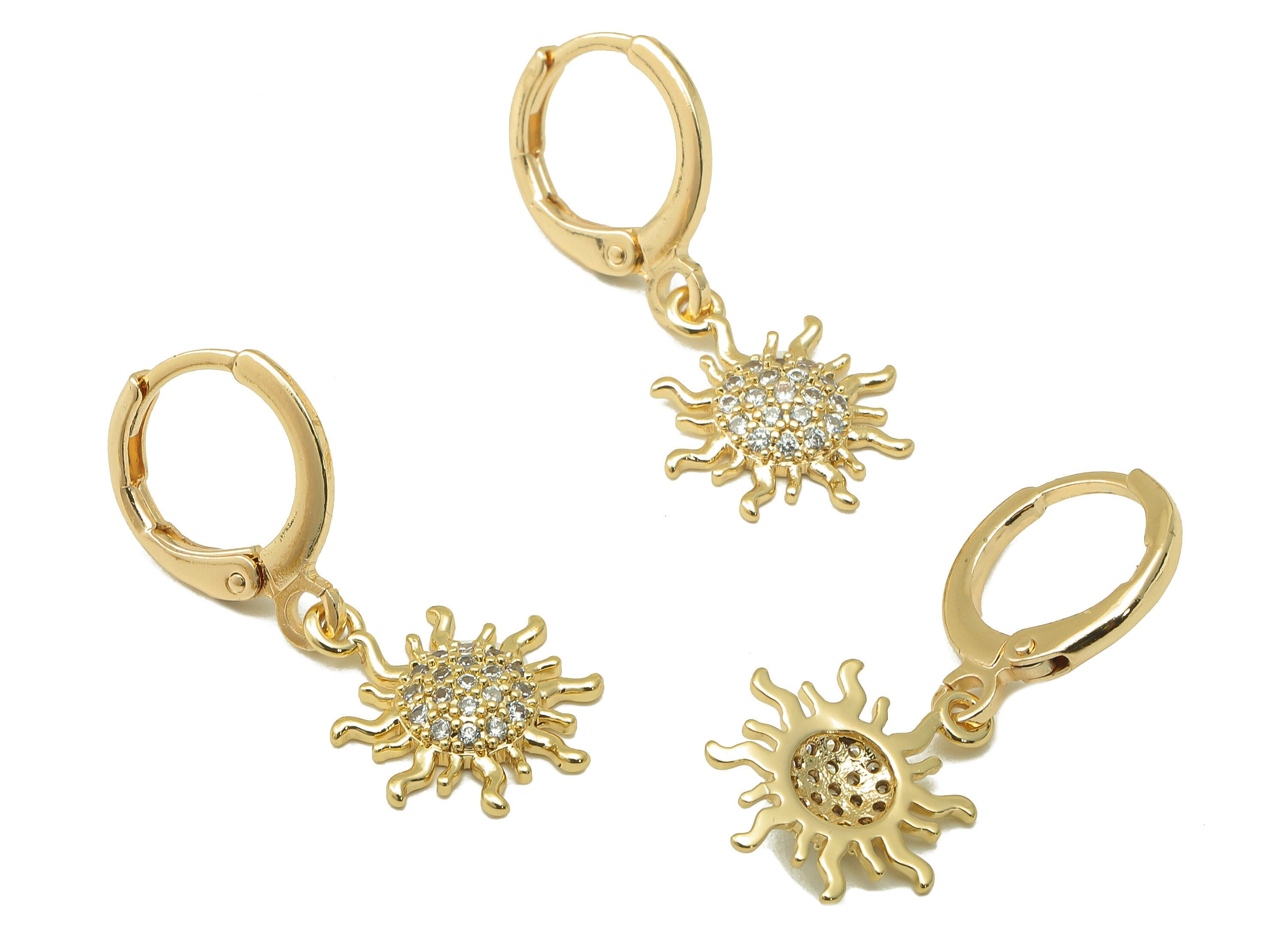 Brass Sun Earring Clasp -Brass Sunshine with Cubic Zirconia Hoop - CZ Huggie Earring - 18K Real Gold Plating-27.7x 11.39x 2.41mm- RGP6031 - DOMEDBAZAAR
