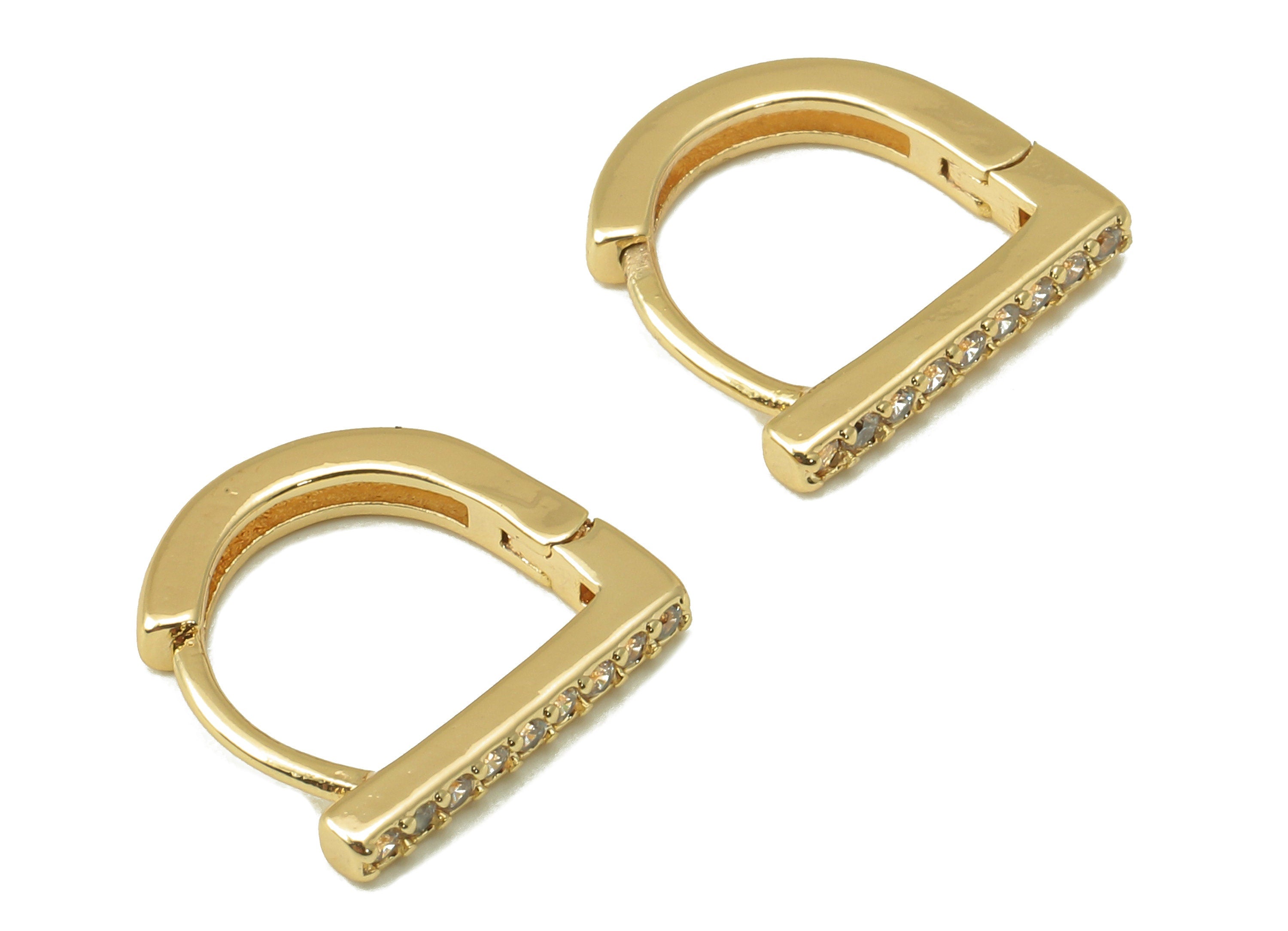Brass Bar Earring Hoop - Brass Hoop Earring Clasp - Dainty Clasp Hoop Earring-Zirconia - 18K Real Gold Plating - 11.6x11.98x1.87mm - RGP6033 - DOMEDBAZAAR
