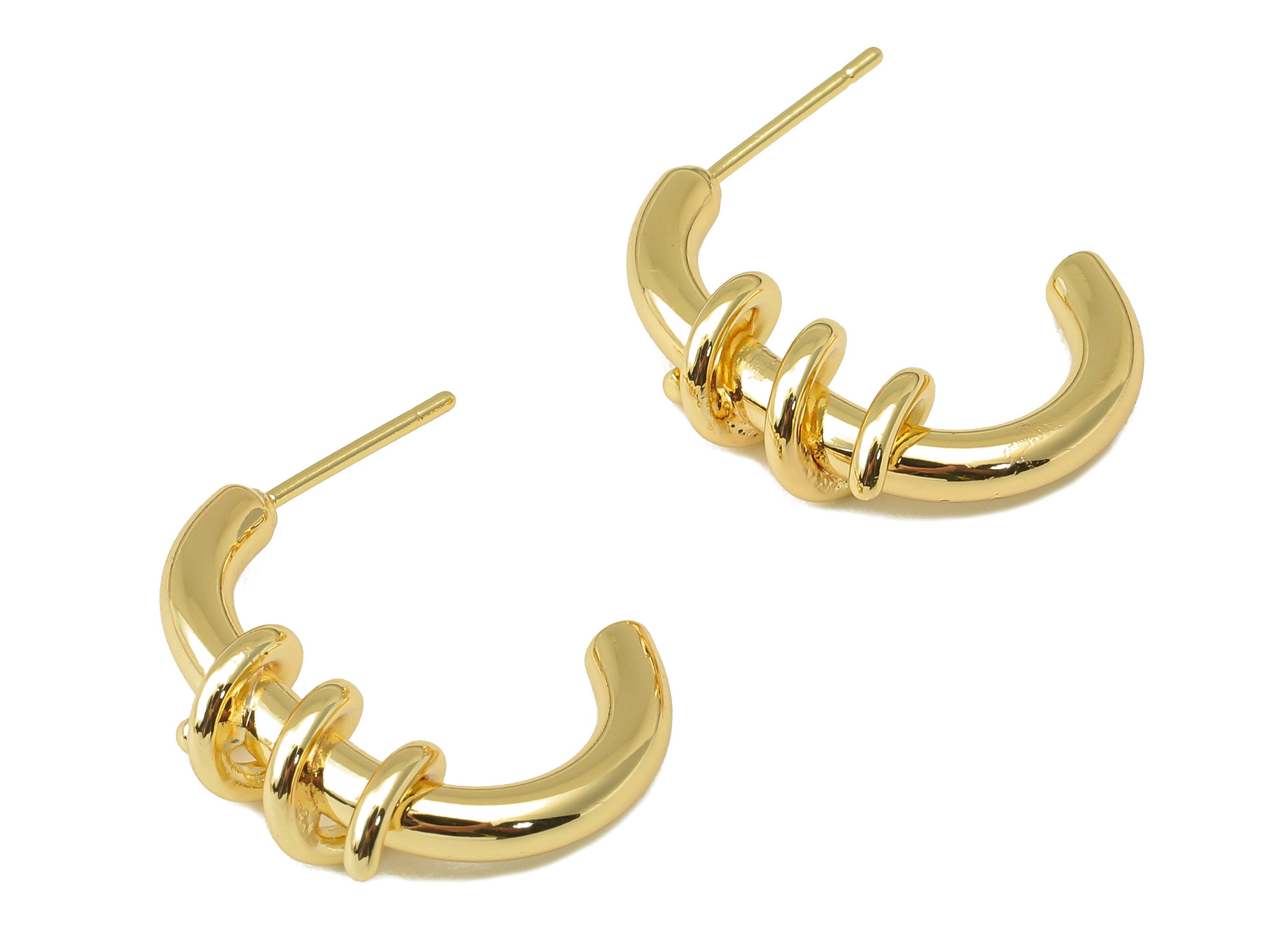 Brass Winding C Hoop Stud Earring - Brass Spiral Wire Earring - Open Hoop Earring Post - 18K Real Gold Plating - 23.01x22.36x6.62mm- RGP6034 - DOMEDBAZAAR