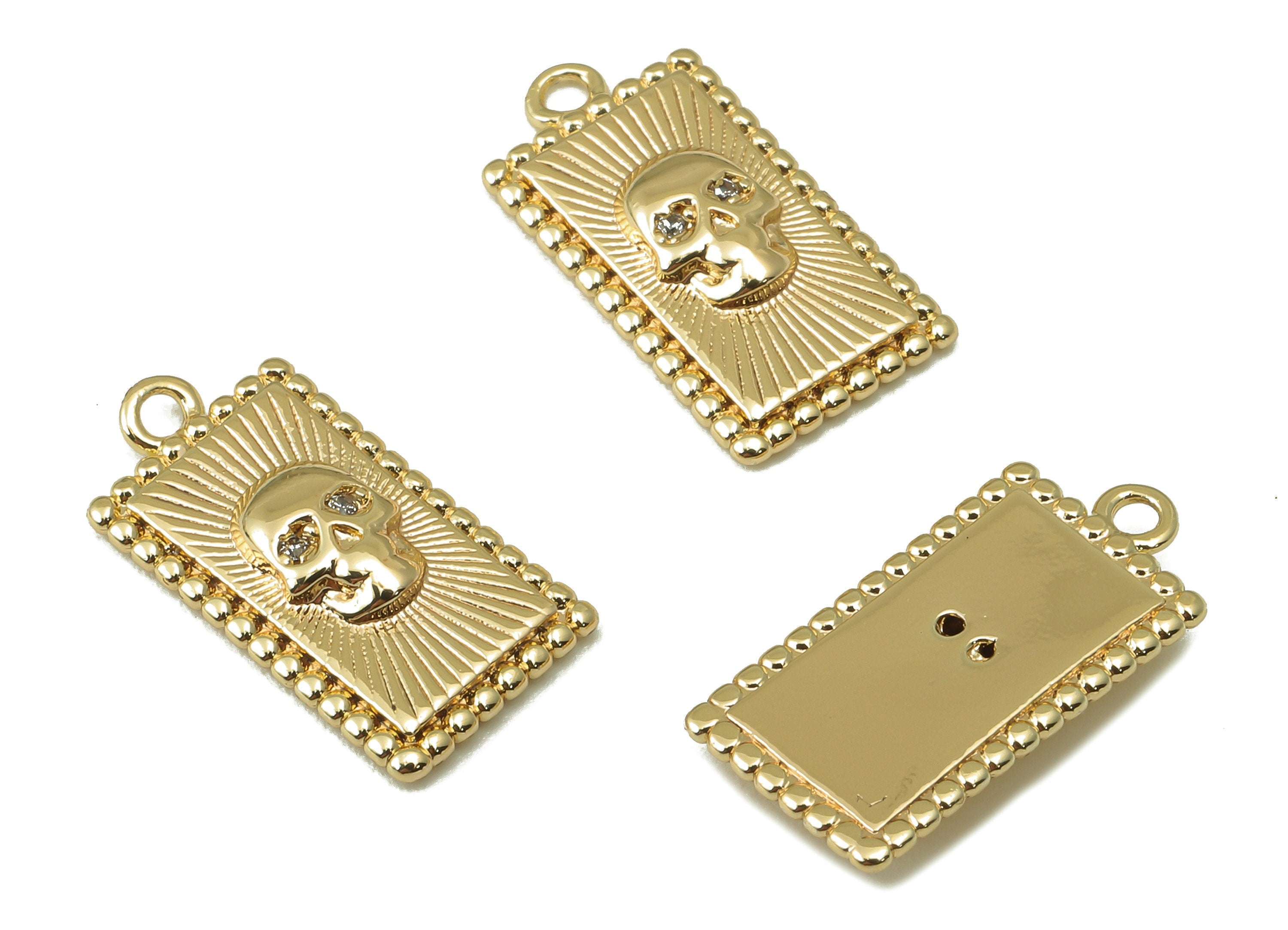 Brass Rectangular Earrings Charms - Brass Zircon Skull Pendant - Rectangular Necklace Pendant - Jewelry Making-16.51x 8.55x 2.64mm-RGP6164 - DOMEDBAZAAR