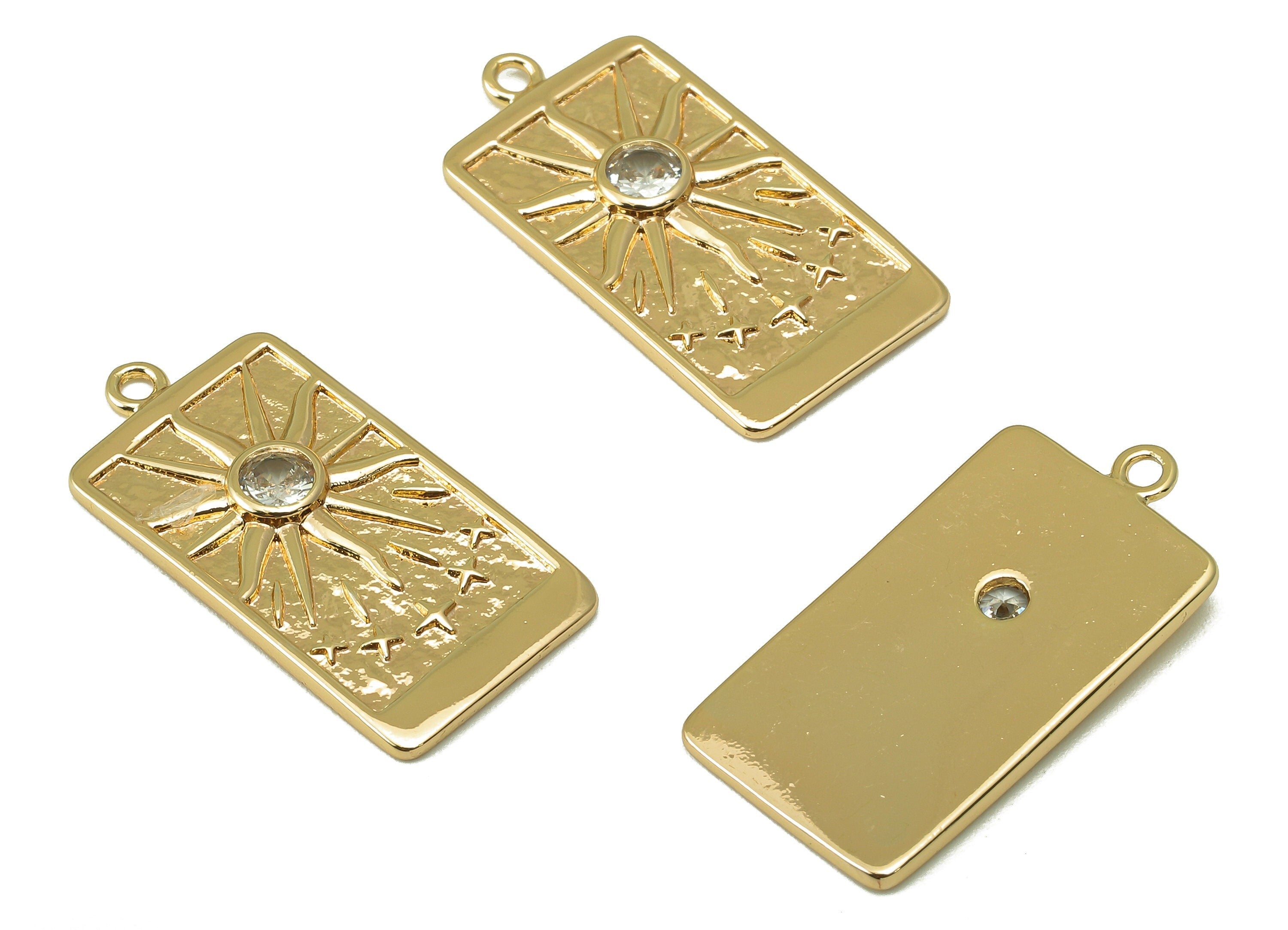 Brass Rectangle Sun Star Pendant-Brass  Zircon Sun Carving-Star Zircon Necklace Pendant-18K Real Gold Plating-26.95x 15.54x2.35mm-RGP6171 - DOMEDBAZAAR