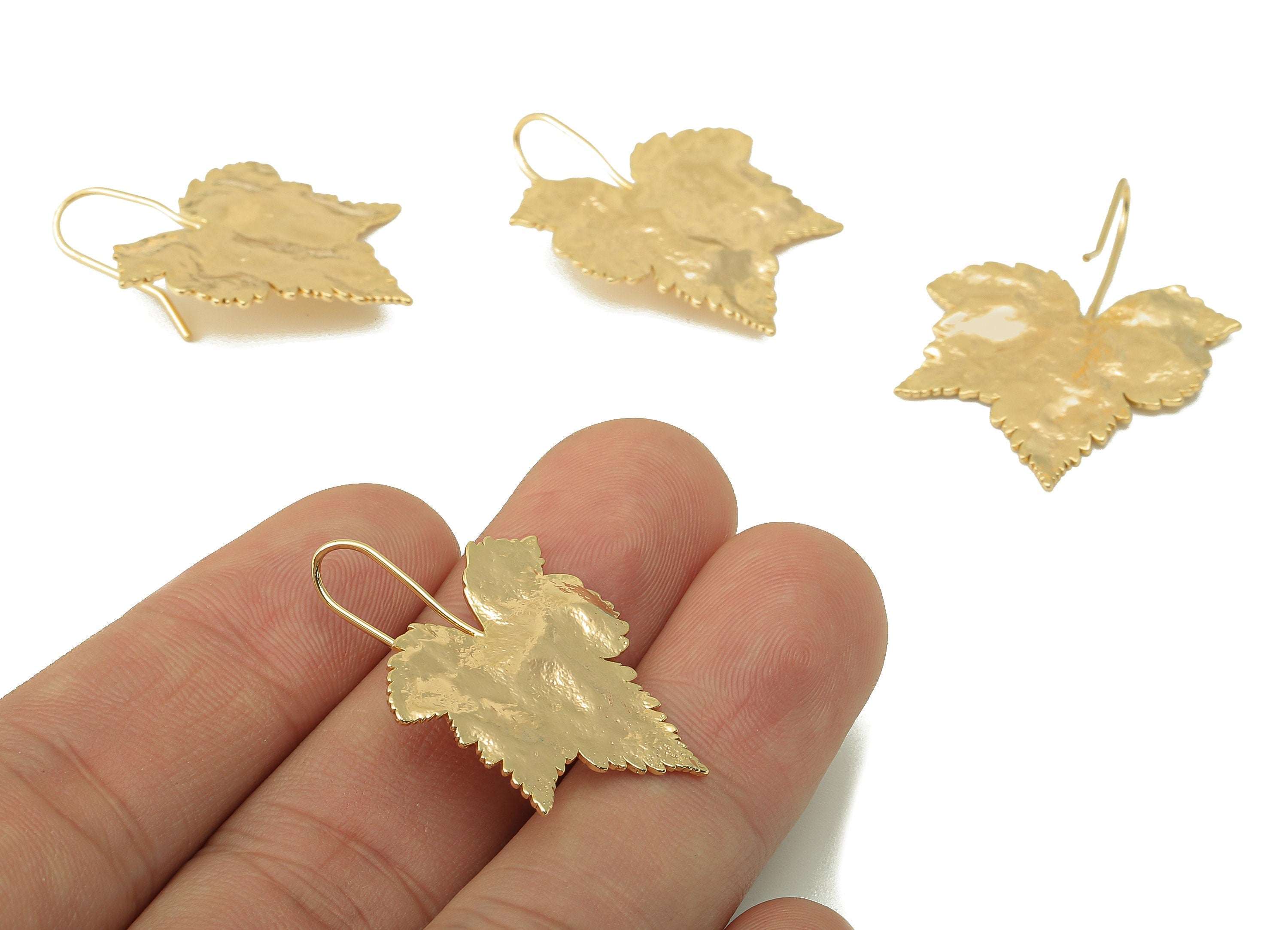 Brass Maple Plane Wires Earring - Leaf Ear Hook Earring -Textured Botanical Earring Hook- 18K Real Gold Plating - 34.1x27.43x0.9mm - RGP6035 - DOMEDBAZAAR