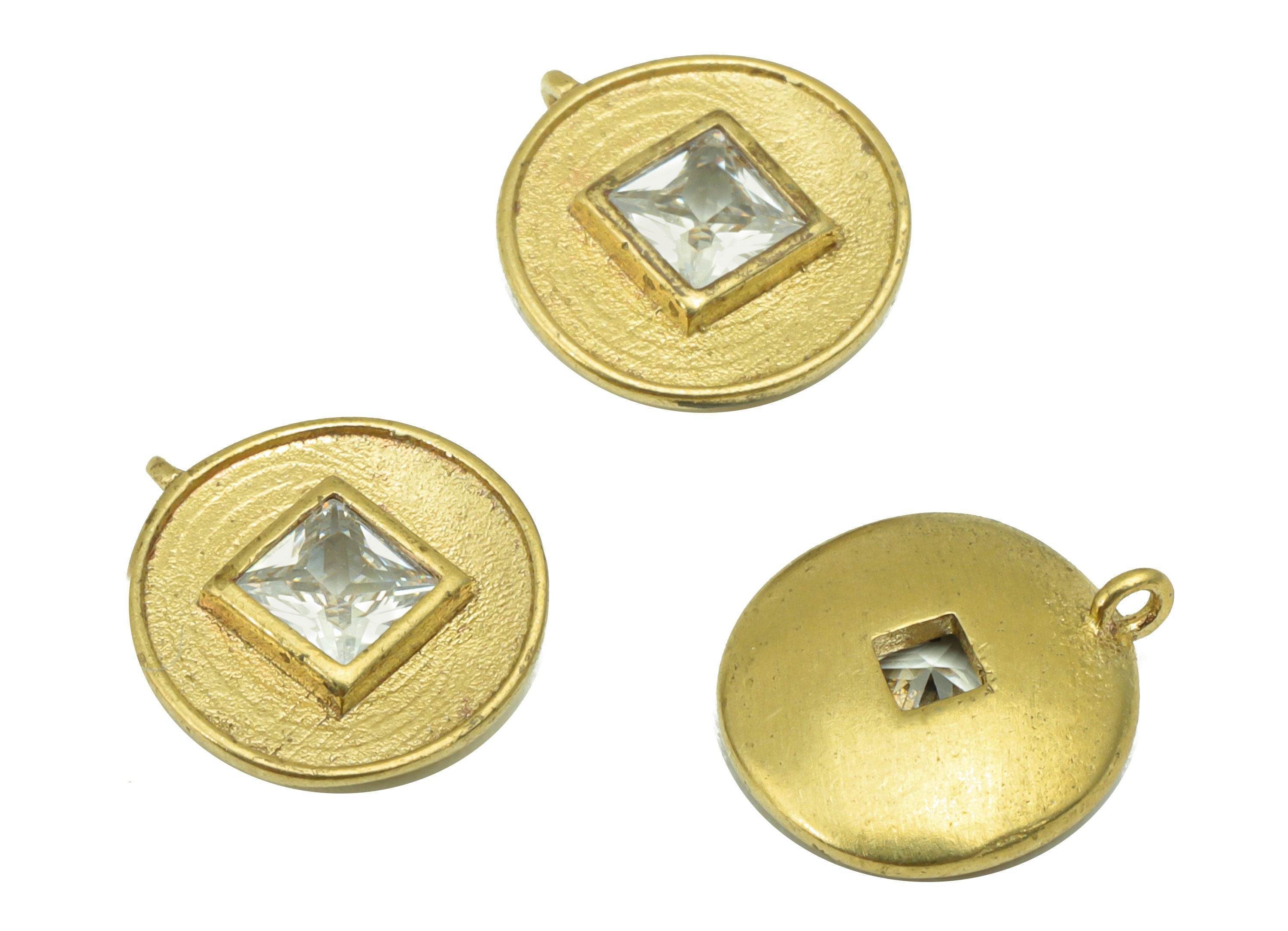 Brass Round Earring - Raw Brass  - Cubic Zircon Square Pendant - Earring Charms  - Jewelry Supplies - 12 x 11 x 2.6mm - PP8468 - DOMEDBAZAAR