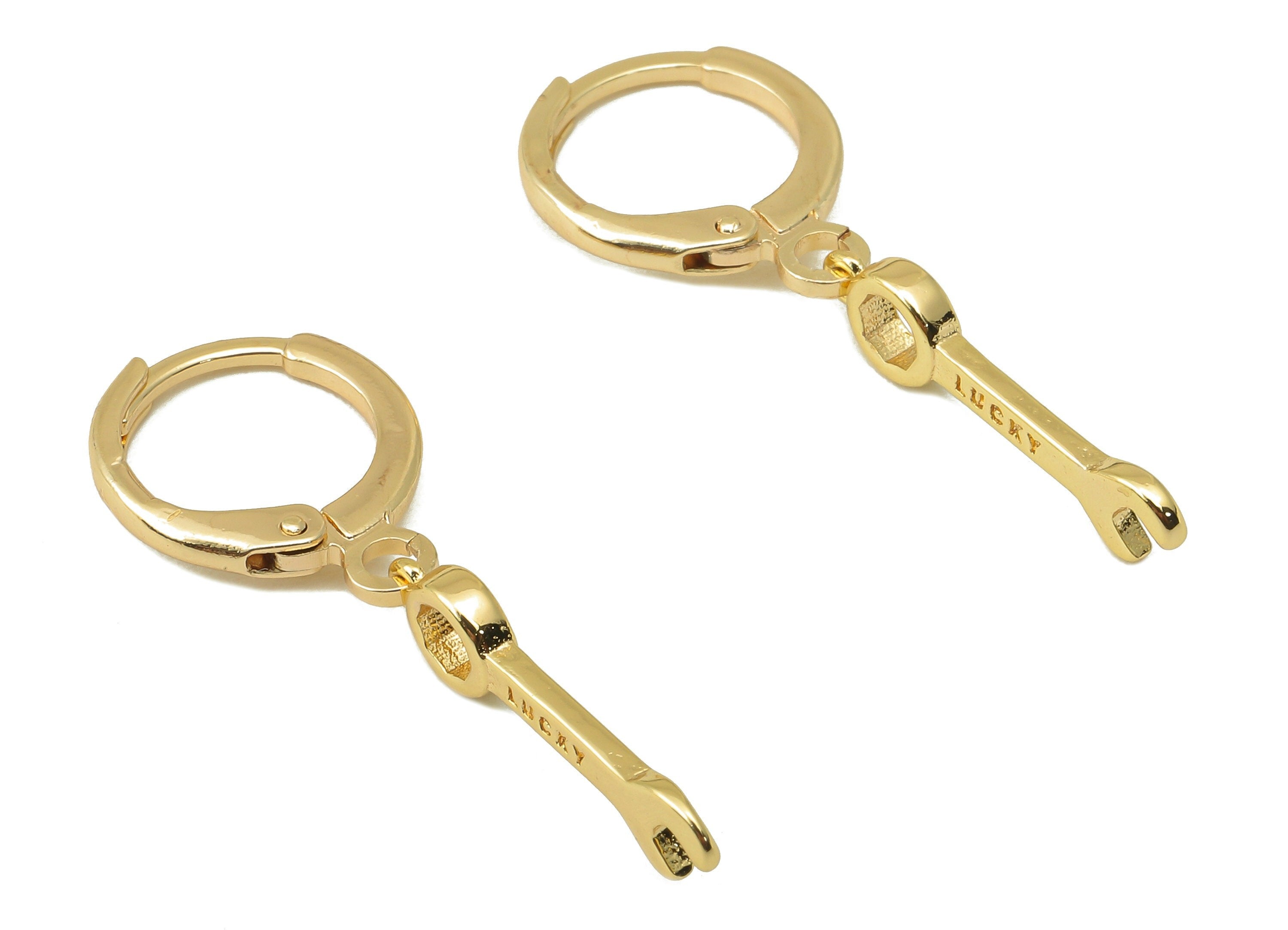 Brass Wrench Earring Clasp -Brass Mini Tool with Cubic Zirconia Hoop - CZ Huggie Earring- 18K Real Gold Plating - 31.5x11.57x1.6mm - RGP6038 - DOMEDBAZAAR