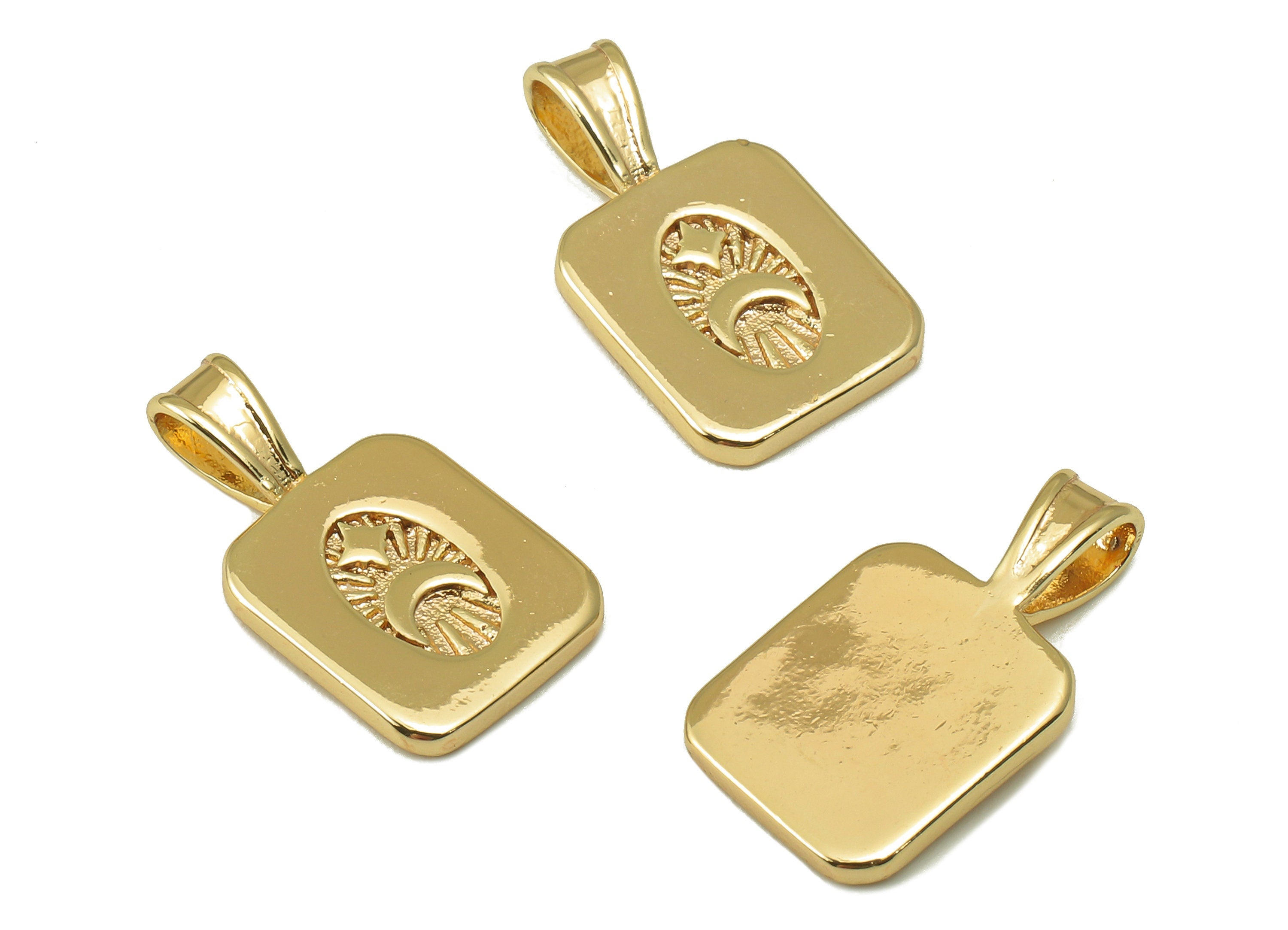 Brass Rectangle Earring Charms - Brass Rectangular Star And Moon Pendant-For Necklace - Jewelry Making Supplies-17.89x9.95x1.55mm - RGP6185 - DOMEDBAZAAR