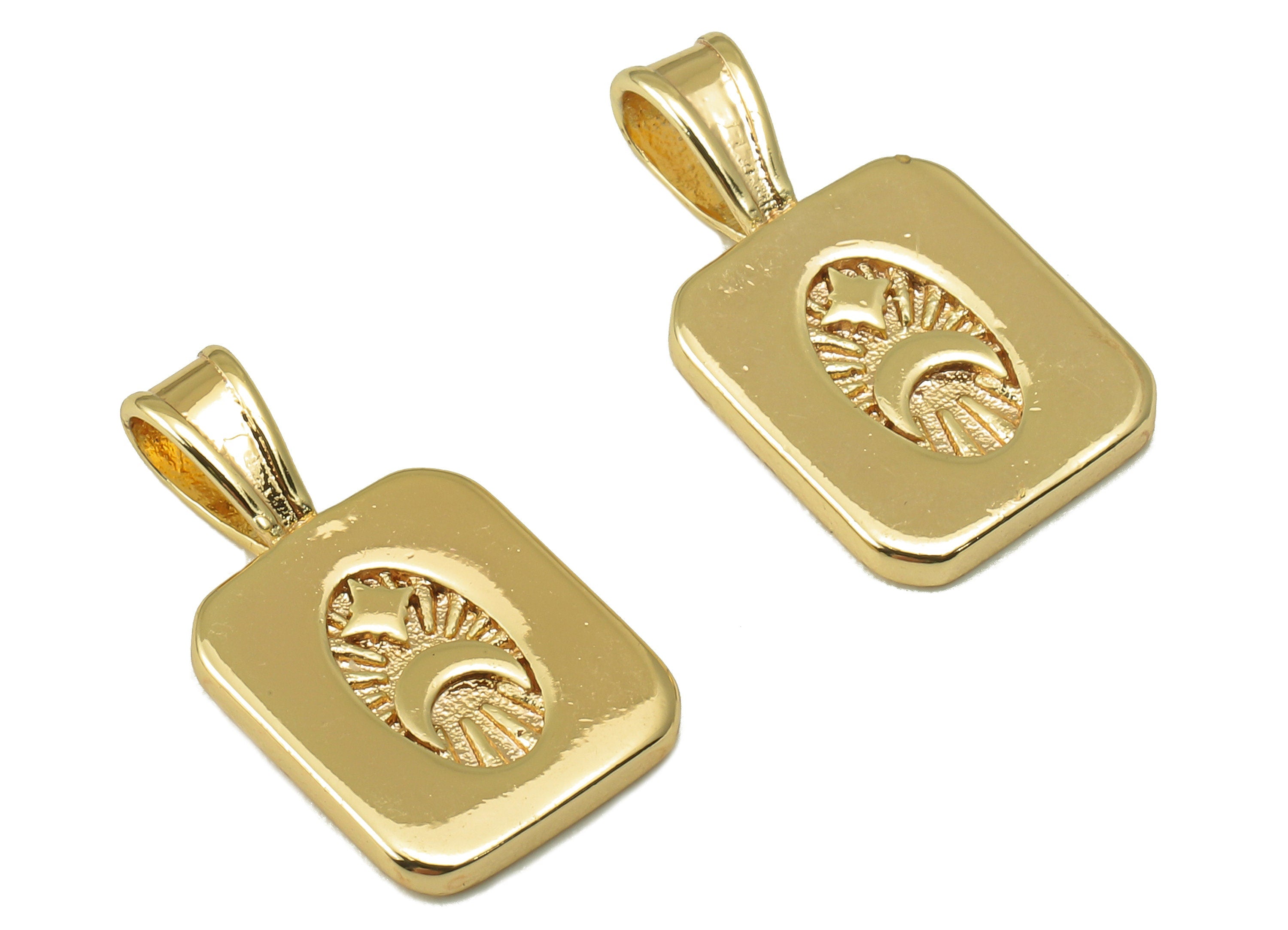 Brass Rectangle Earring Charms - Brass Rectangular Star And Moon Pendant-For Necklace - Jewelry Making Supplies-17.89x9.95x1.55mm - RGP6185 - DOMEDBAZAAR