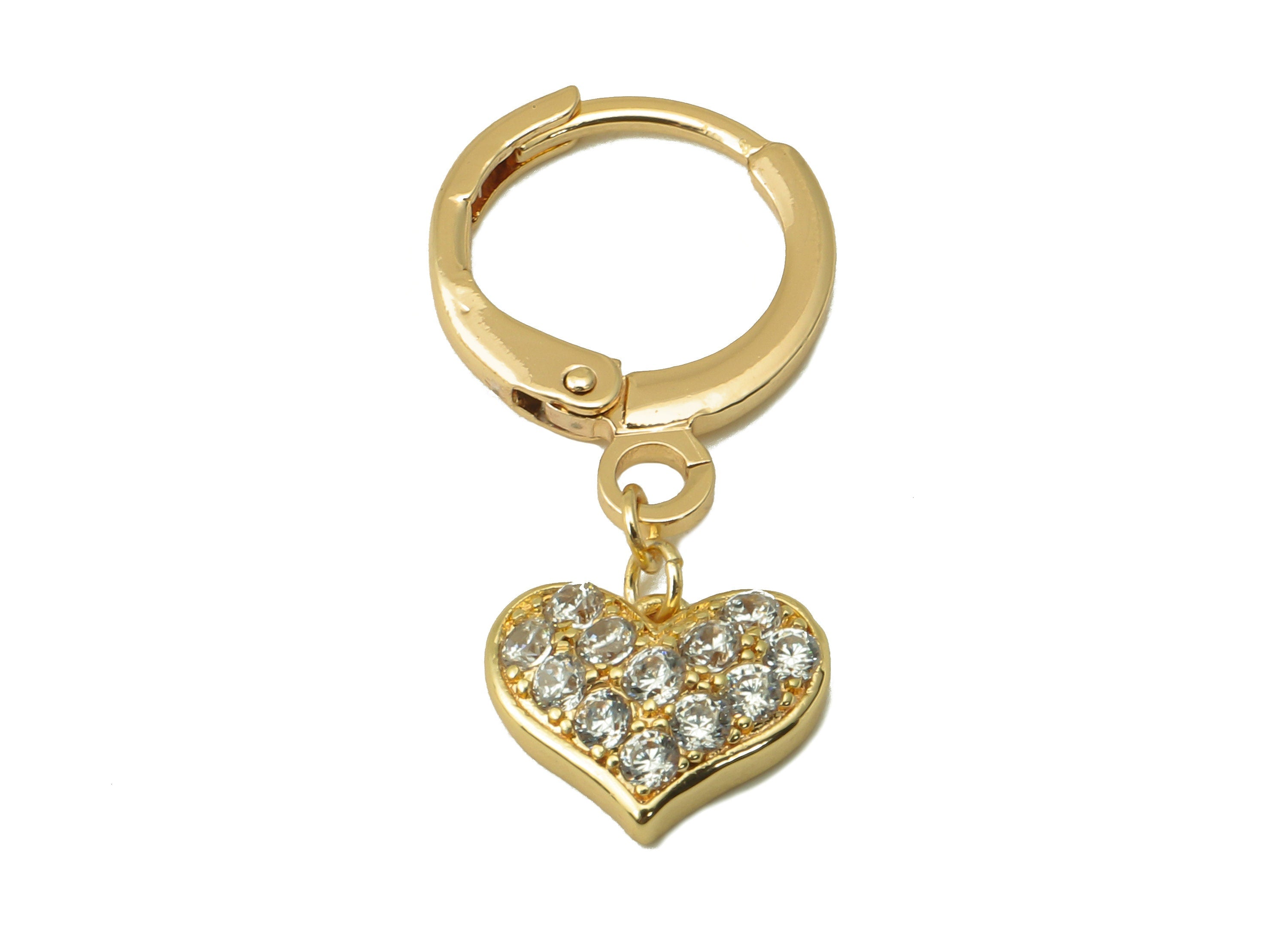Brass Earring Clasp - Brass Heart with Cubic Zirconia Hoop - CZ Huggie Earring- 18K Real Gold Plating - 24.46x11.32x 1.72mm - RGP6040 - DOMEDBAZAAR