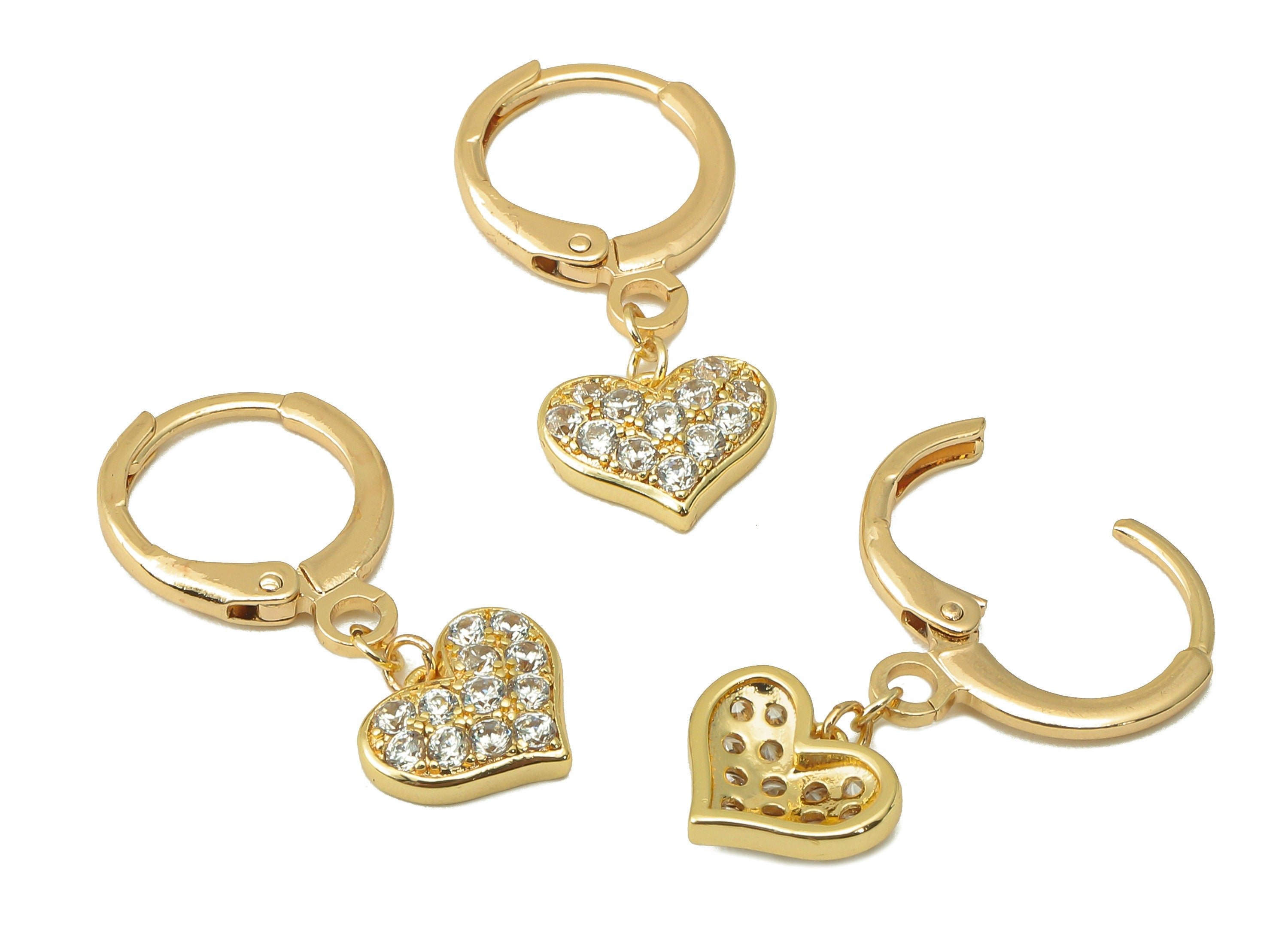 Brass Earring Clasp - Brass Heart with Cubic Zirconia Hoop - CZ Huggie Earring- 18K Real Gold Plating - 24.46x11.32x 1.72mm - RGP6040 - DOMEDBAZAAR