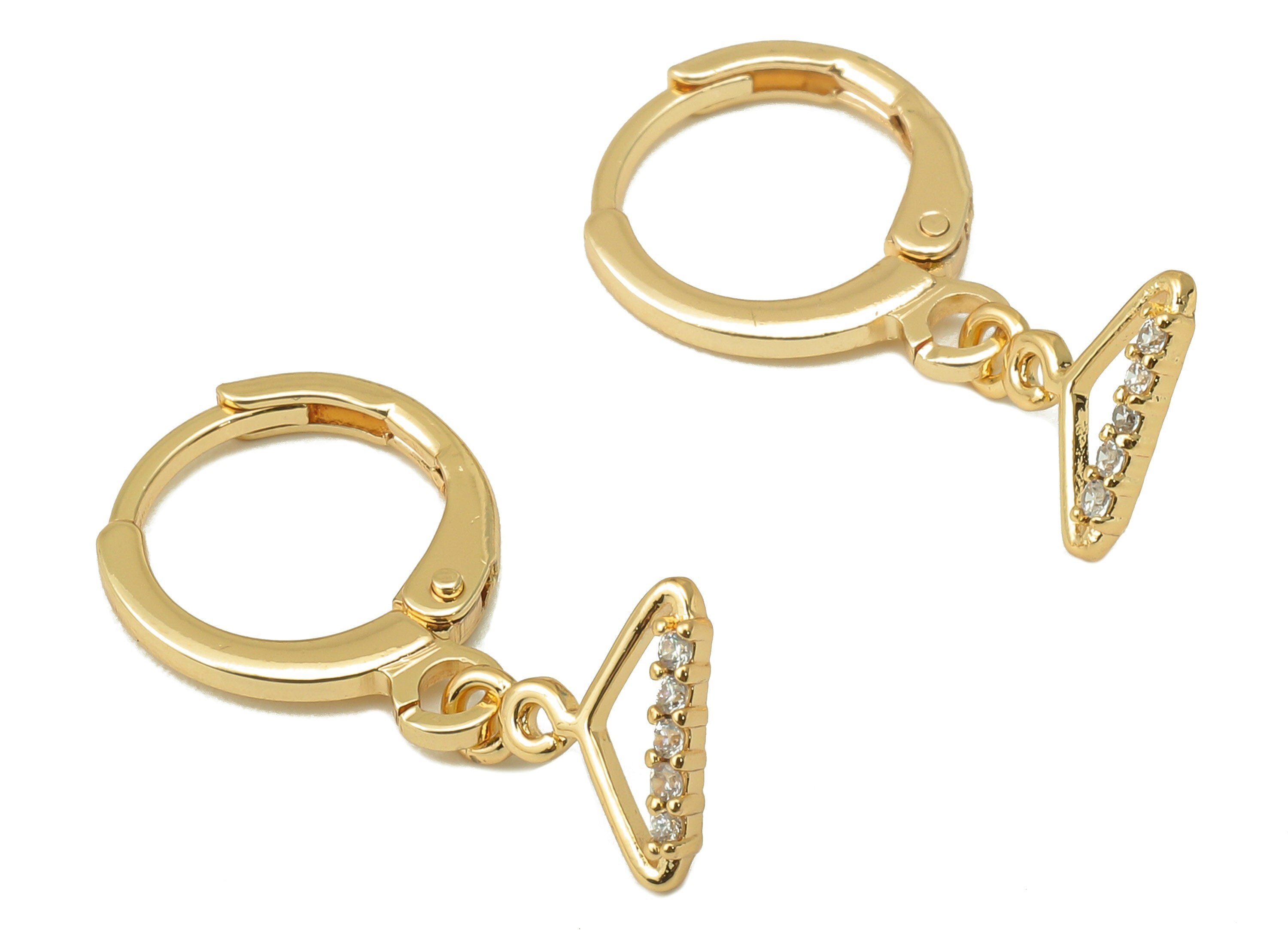 Brass Earring Clasp - Brass Coat Hanger with Cubic Zirconia Hoop - CZ Huggie Earring - 18K Real Gold Plating - 22.26x 11.08x1.73mm - RGP6043 - DOMEDBAZAAR