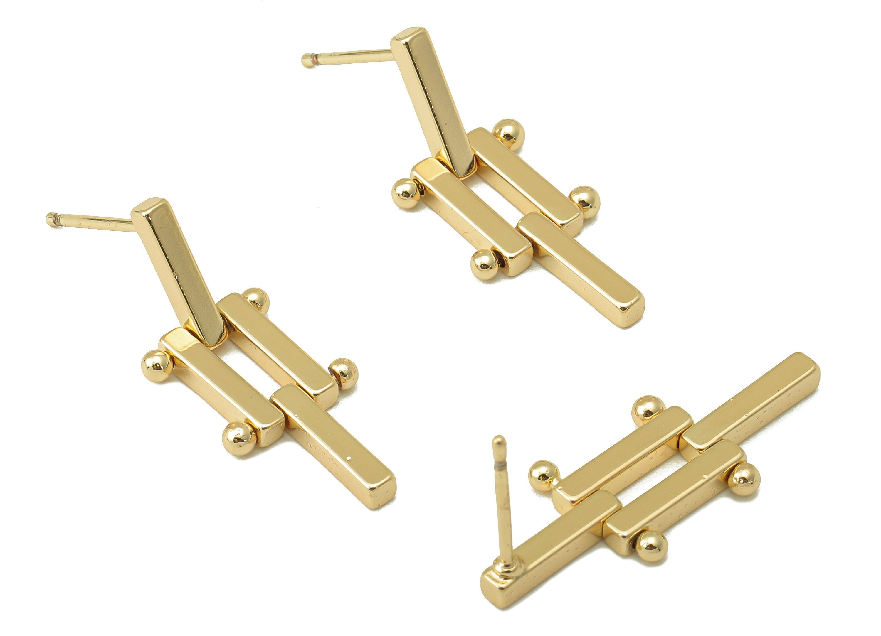 Brass Stud Earring - Rectangle Bars Mesh Earring Stud and Hanging Bras Earring Post - 18K Real Gold Plating - 26.42x 10.11x 2mm - RGP6050 - DOMEDBAZAAR