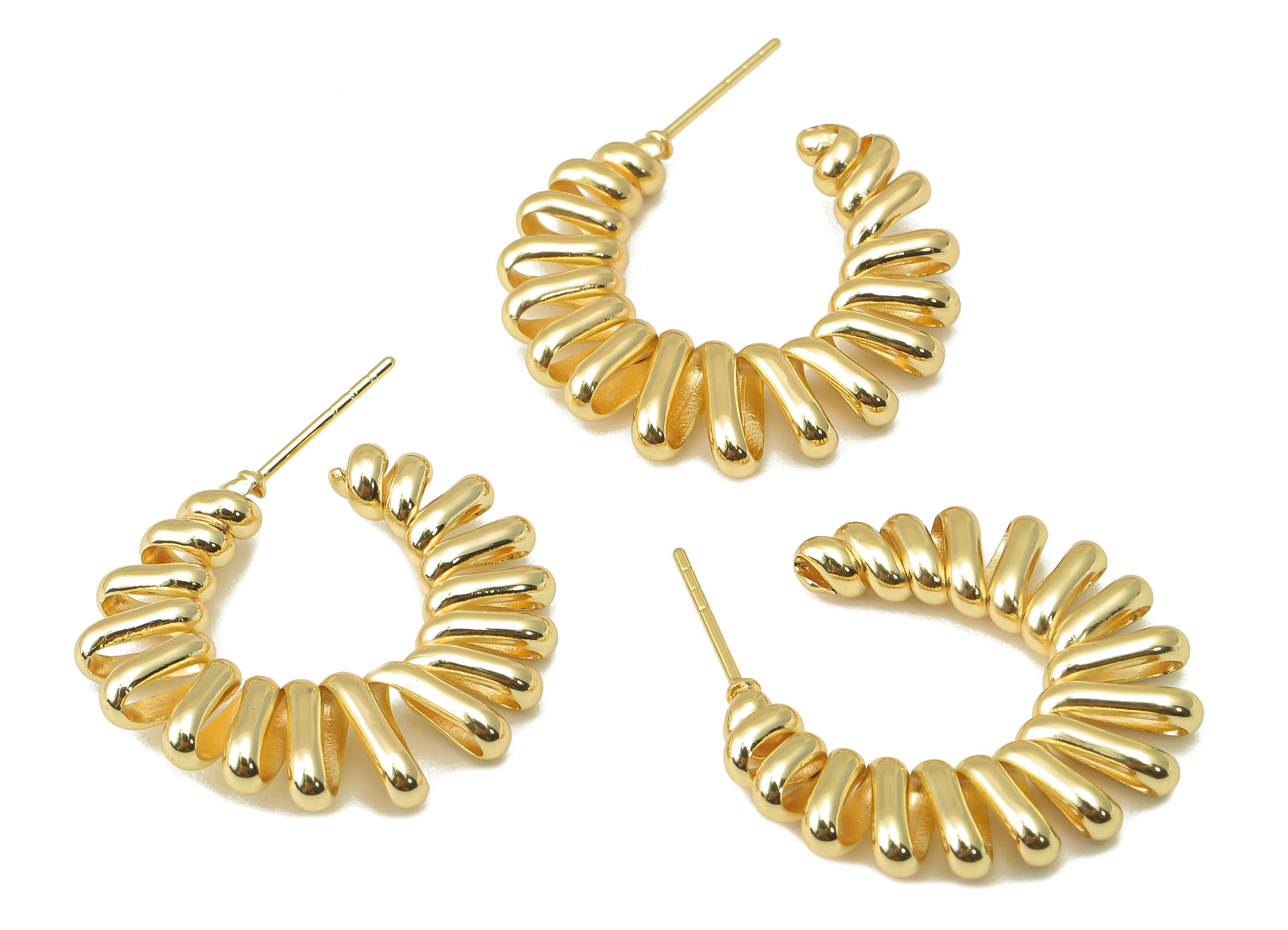 Brass Spring Stud Earring - Brass Spiral Wire Earring - Open C Hoop Earring Post - 18K Real Gold Plating - 25.53x 25.7x 3.75mm - RGP6053 - DOMEDBAZAAR