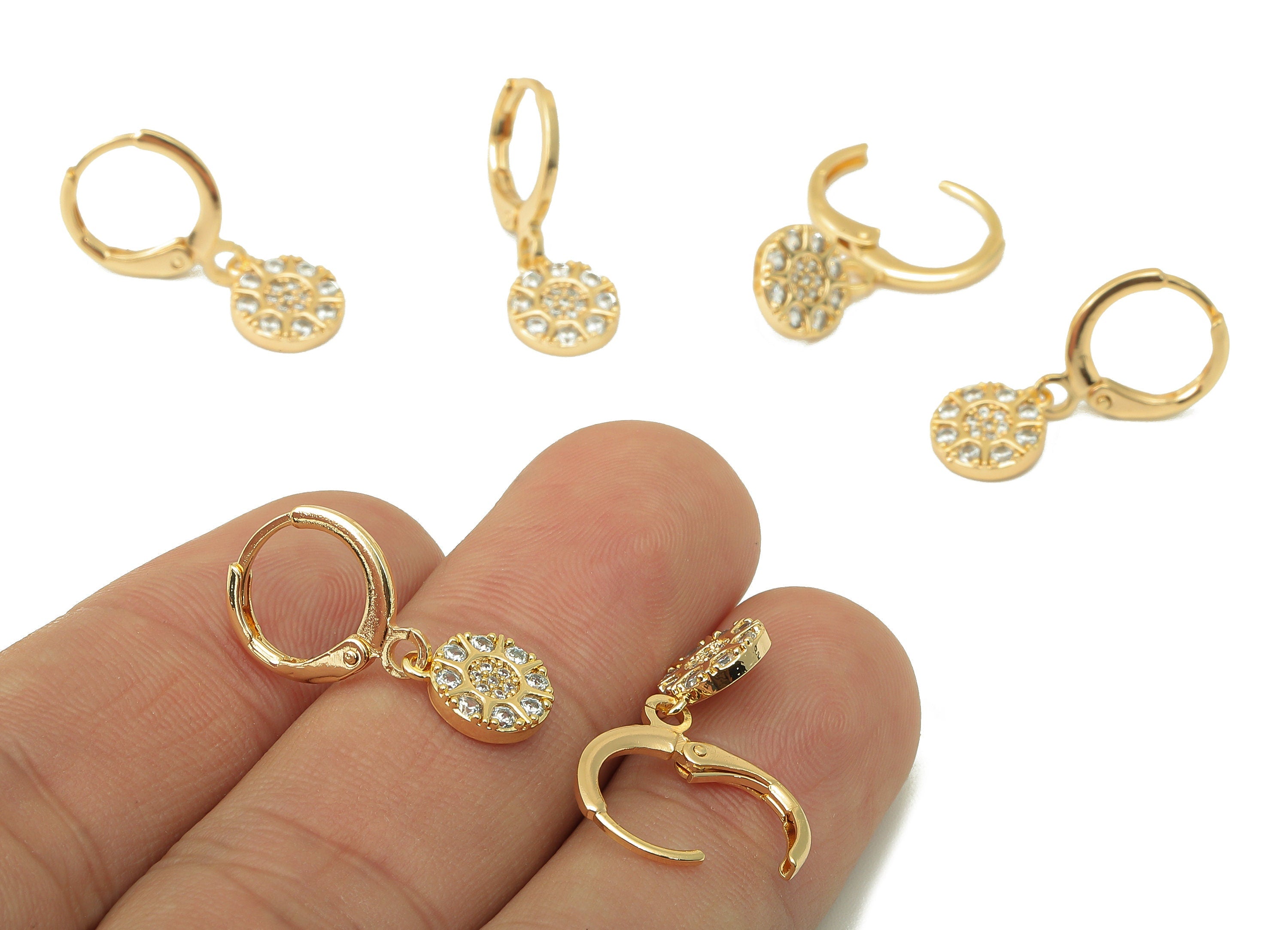 Brass Clasp Earring - Brass CZ Round Sun Earring Huggie - Cubic Zirconia Earring Hoop- 18K Real Gold Plating - 22.89x 11.27x 1.7mm - RGP6057 - DOMEDBAZAAR