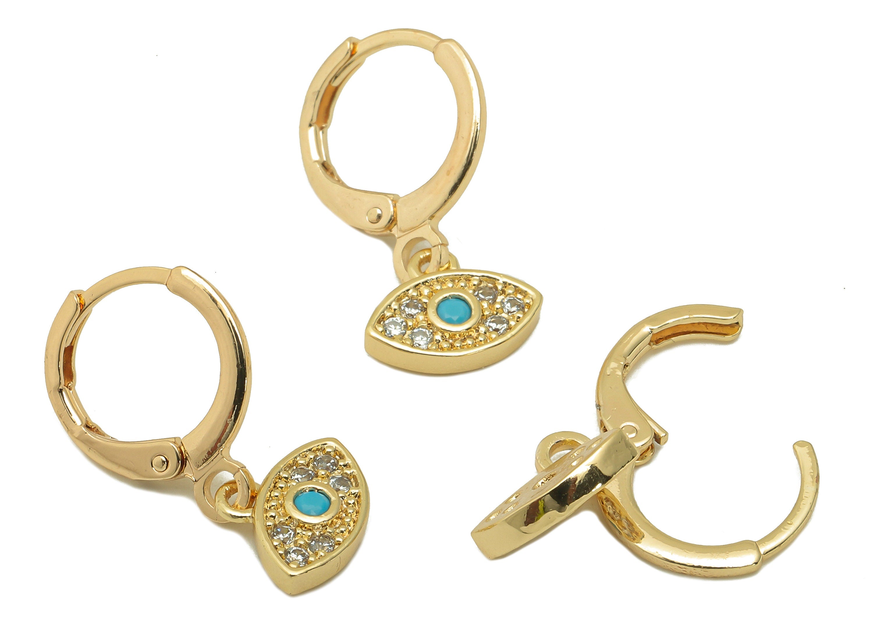 Brass Clasp Earring - Brass CZ Green Eye Earring Huggie - Cubic Zirconia Earring Hoop- 18K Real Gold Plating - 21.67x11.15mx2.29mm - RGP6059 - DOMEDBAZAAR