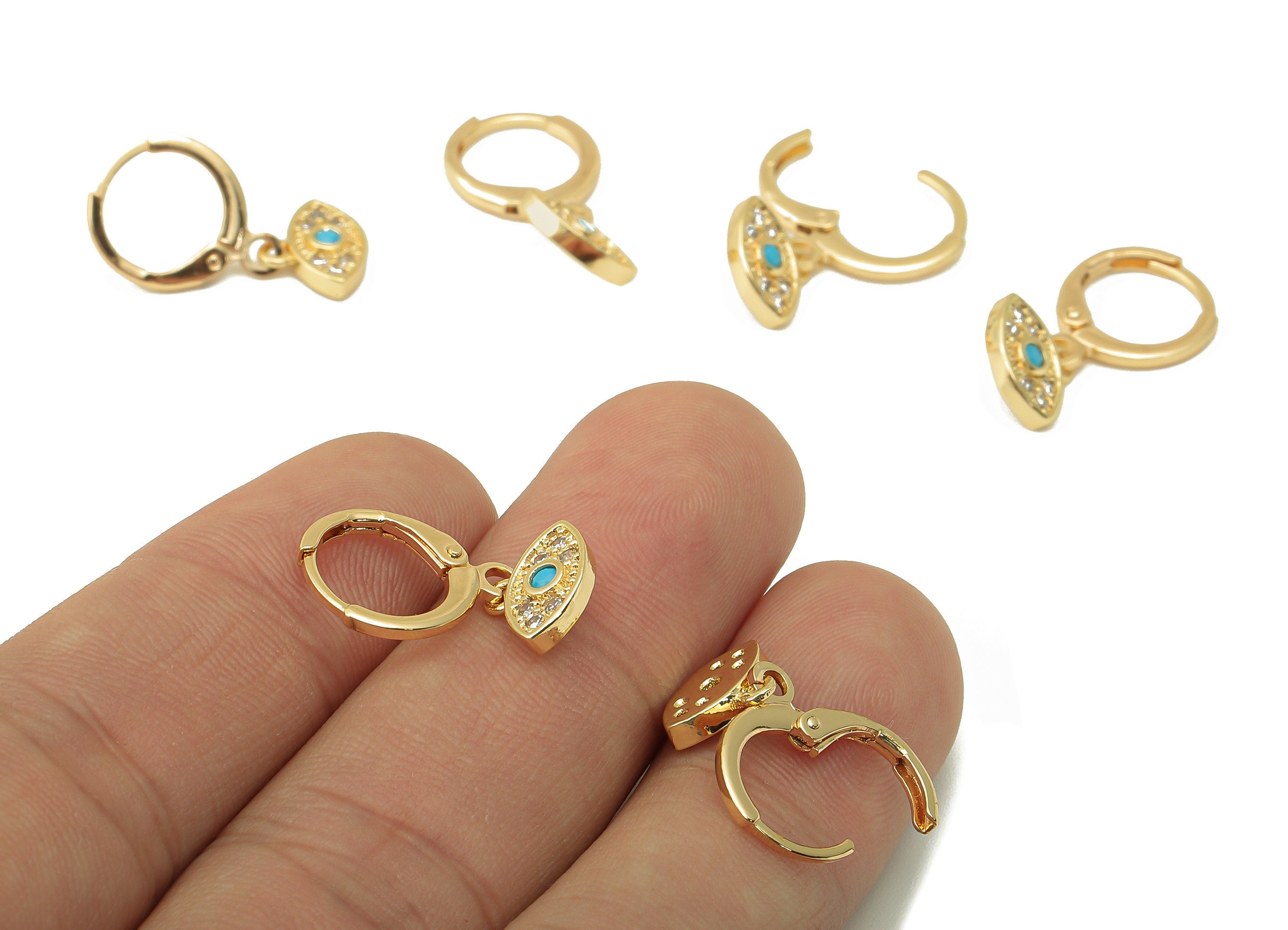 Brass Clasp Earring - Brass CZ Green Eye Earring Huggie - Cubic Zirconia Earring Hoop- 18K Real Gold Plating - 21.67x11.15mx2.29mm - RGP6059 - DOMEDBAZAAR
