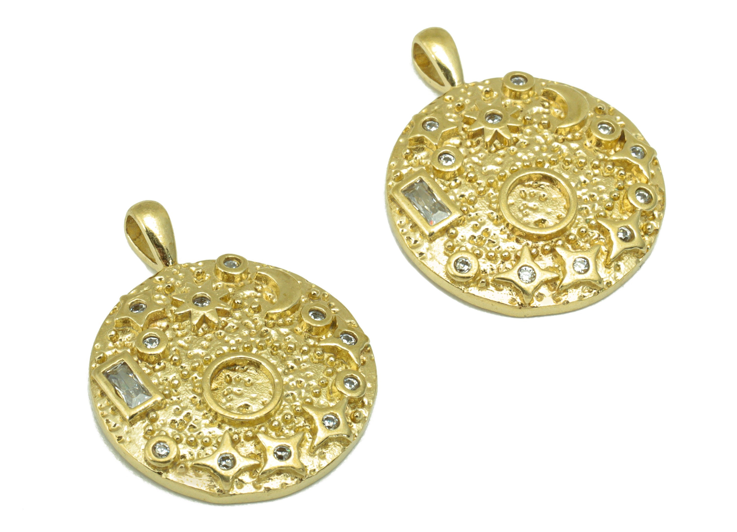 Brass Round Earring Charms – Raw Brass  -Zircon Moon and Star Pendant  -  Jewelry Supplies - - DOMEDBAZAAR